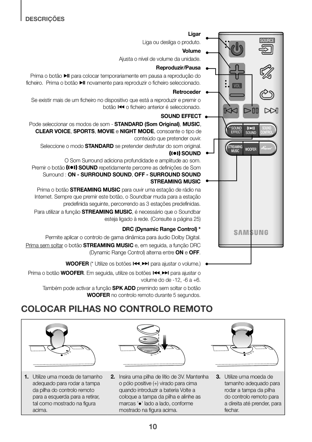 Samsung HW-J651/ZF manual Colocar Pilhas no Controlo Remoto 