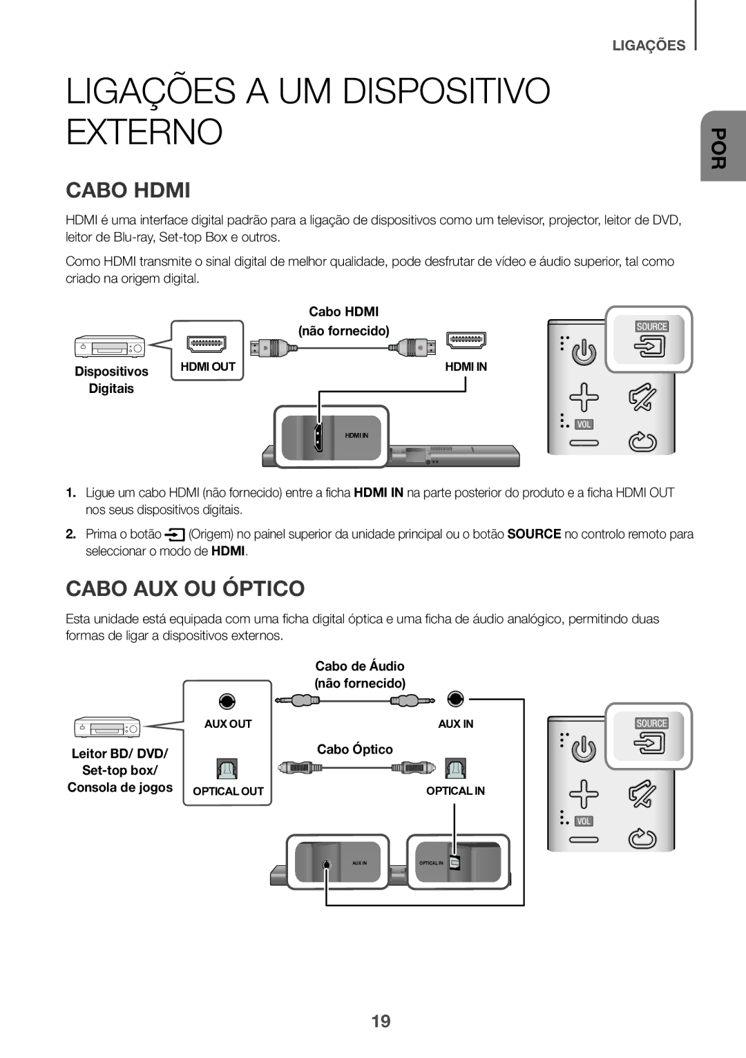 Samsung HW-J651/ZF manual Ligações a UM Dispositivo Externo, Cabo Hdmi, Cabo AUX OU Óptico, Cabo de Áudio Não fornecido 