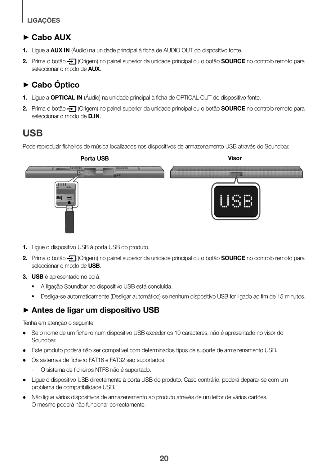 Samsung HW-J651/ZF manual ++Cabo AUX, ++Cabo Óptico, ++Antes de ligar um dispositivo USB 