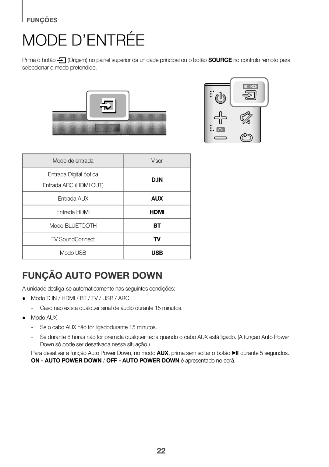 Samsung HW-J651/ZF manual Mode D’ENTRÉE, Função Auto Power Down 