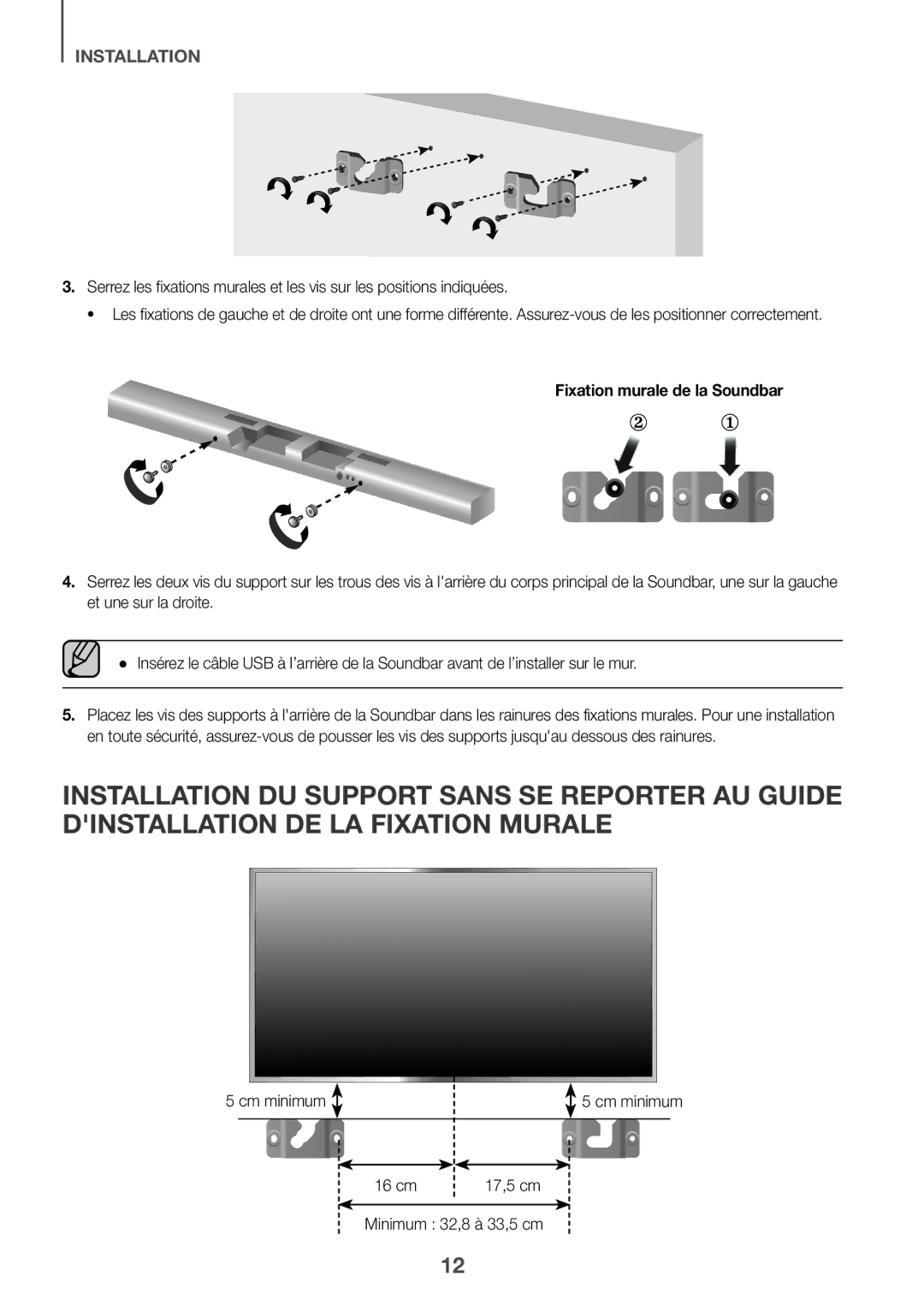 Samsung HW-J651/ZF manual Fixation murale de la Soundbar, 16 cm 17,5 cm Minimum 32,8 à 33,5 cm 