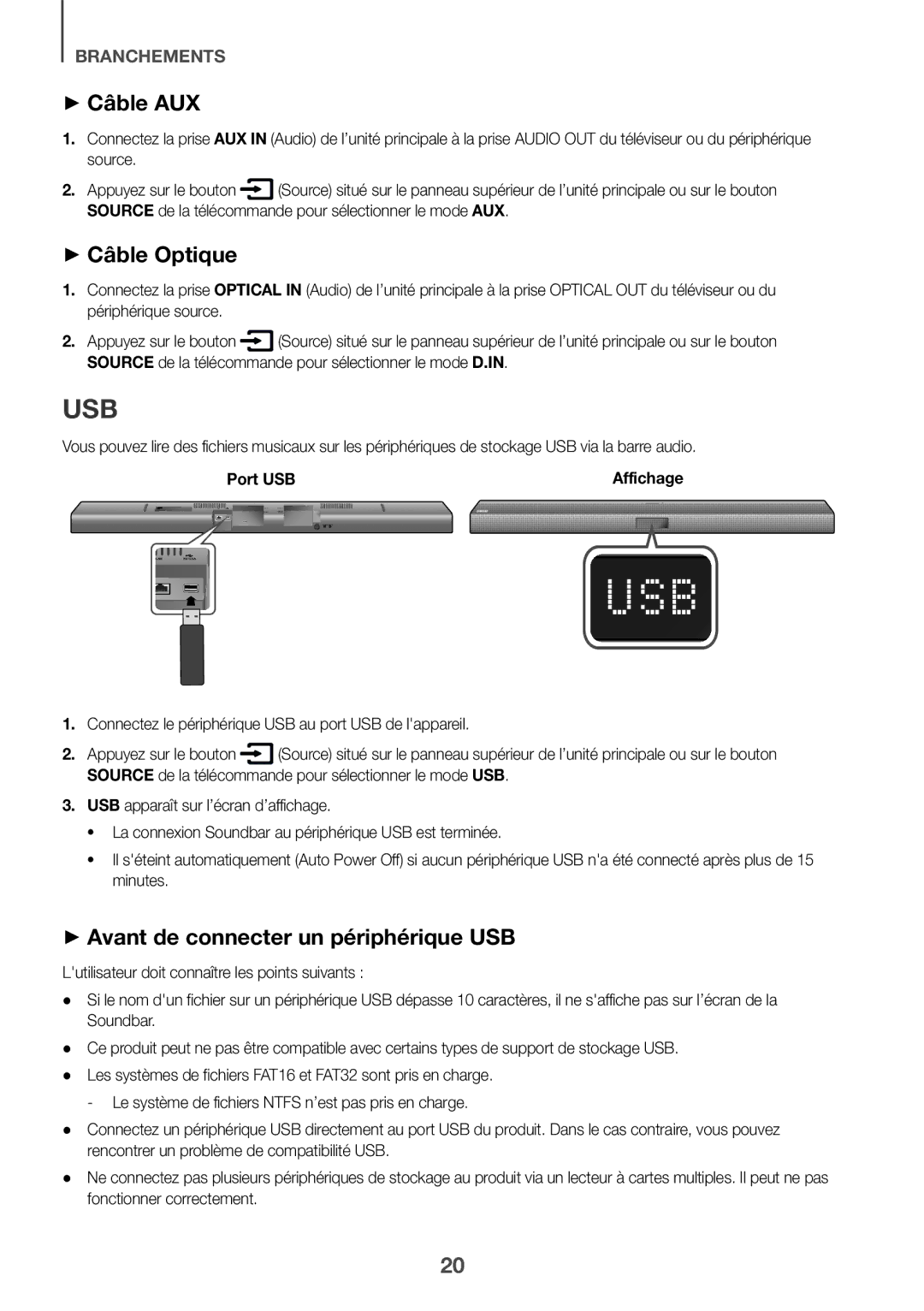 Samsung HW-J651/ZF manual Usb, ++Câble AUX, ++Câble Optique, ++Avant de connecter un périphérique USB, Port USB 