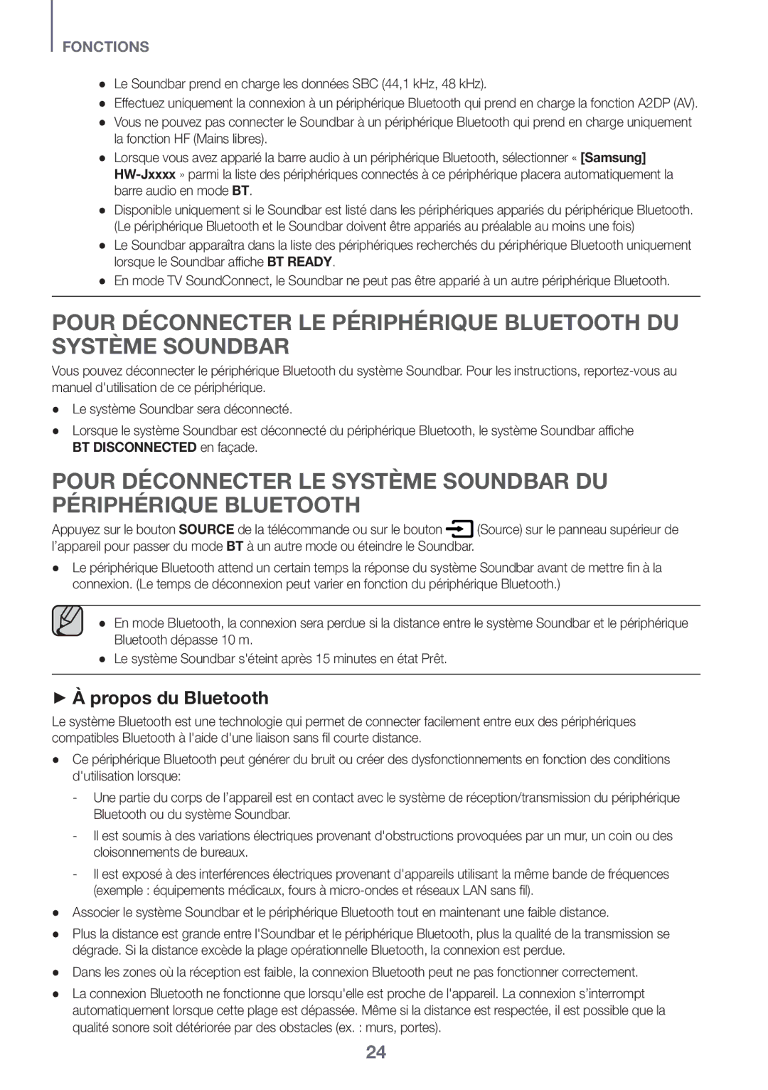 Samsung HW-J651/ZF manual ++À propos du Bluetooth, Le Soundbar prend en charge les données SBC 44,1 kHz, 48 kHz 