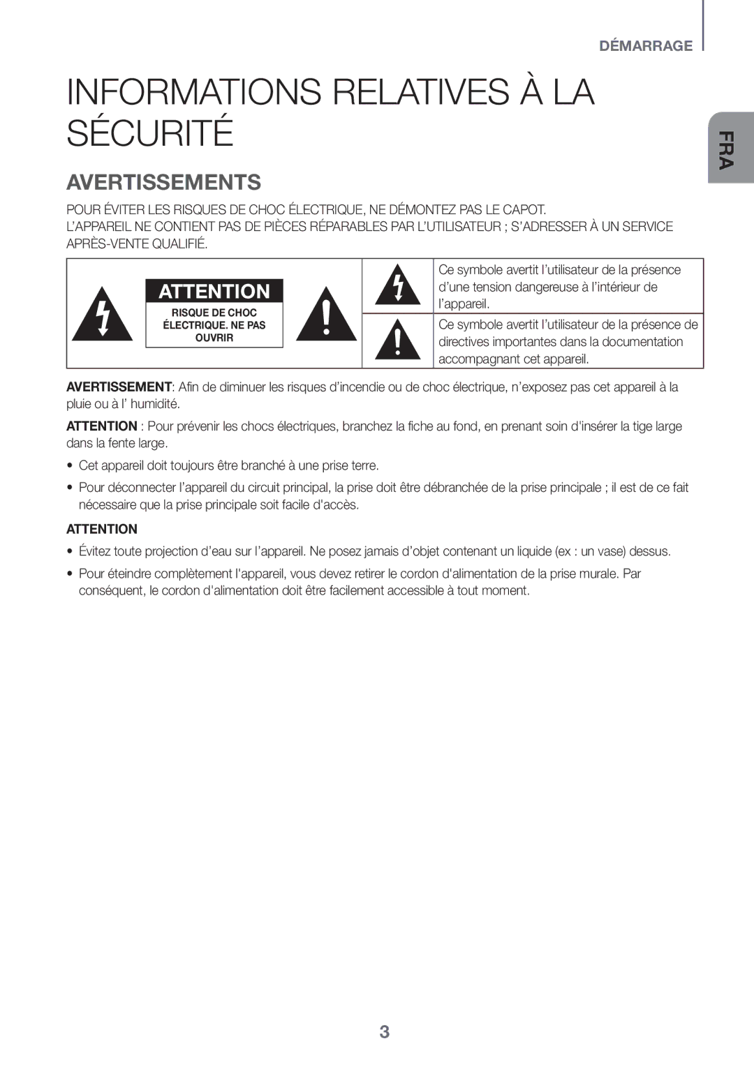 Samsung HW-J651/ZF manual Informations Relatives À LA Sécurité, Avertissements 