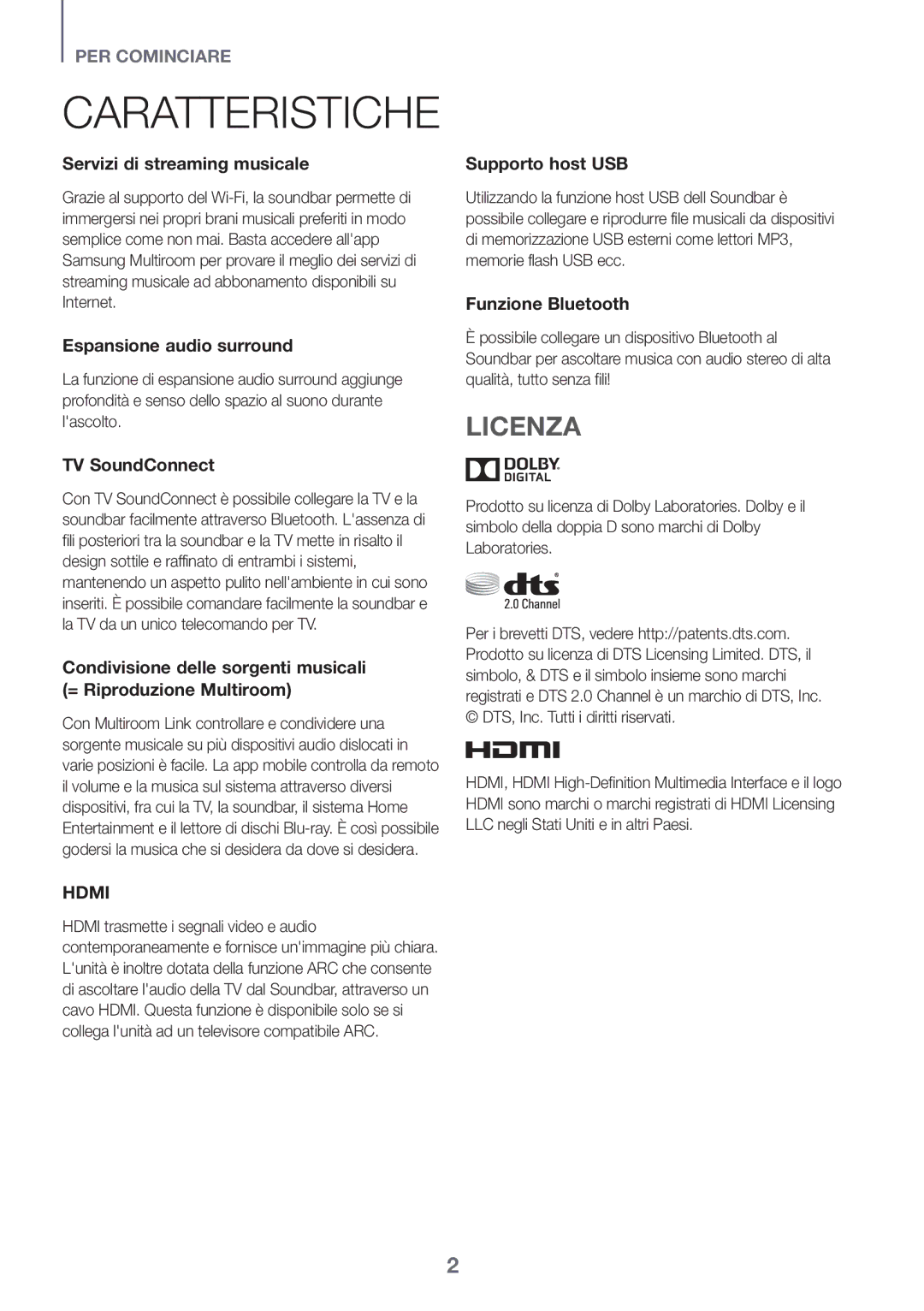 Samsung HW-J651/ZF manual Caratteristiche, Licenza 