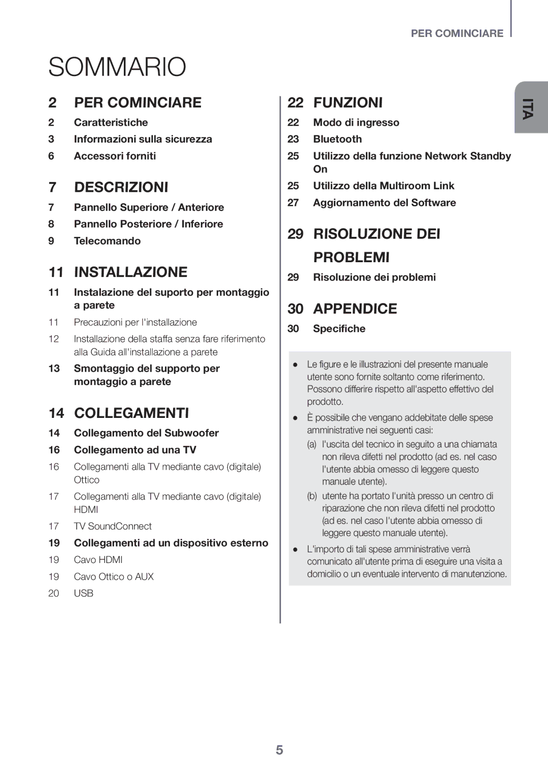 Samsung HW-J651/ZF manual Sommario, Precauzioni per linstallazione, Collegamenti alla TV mediante cavo digitale Ottico 