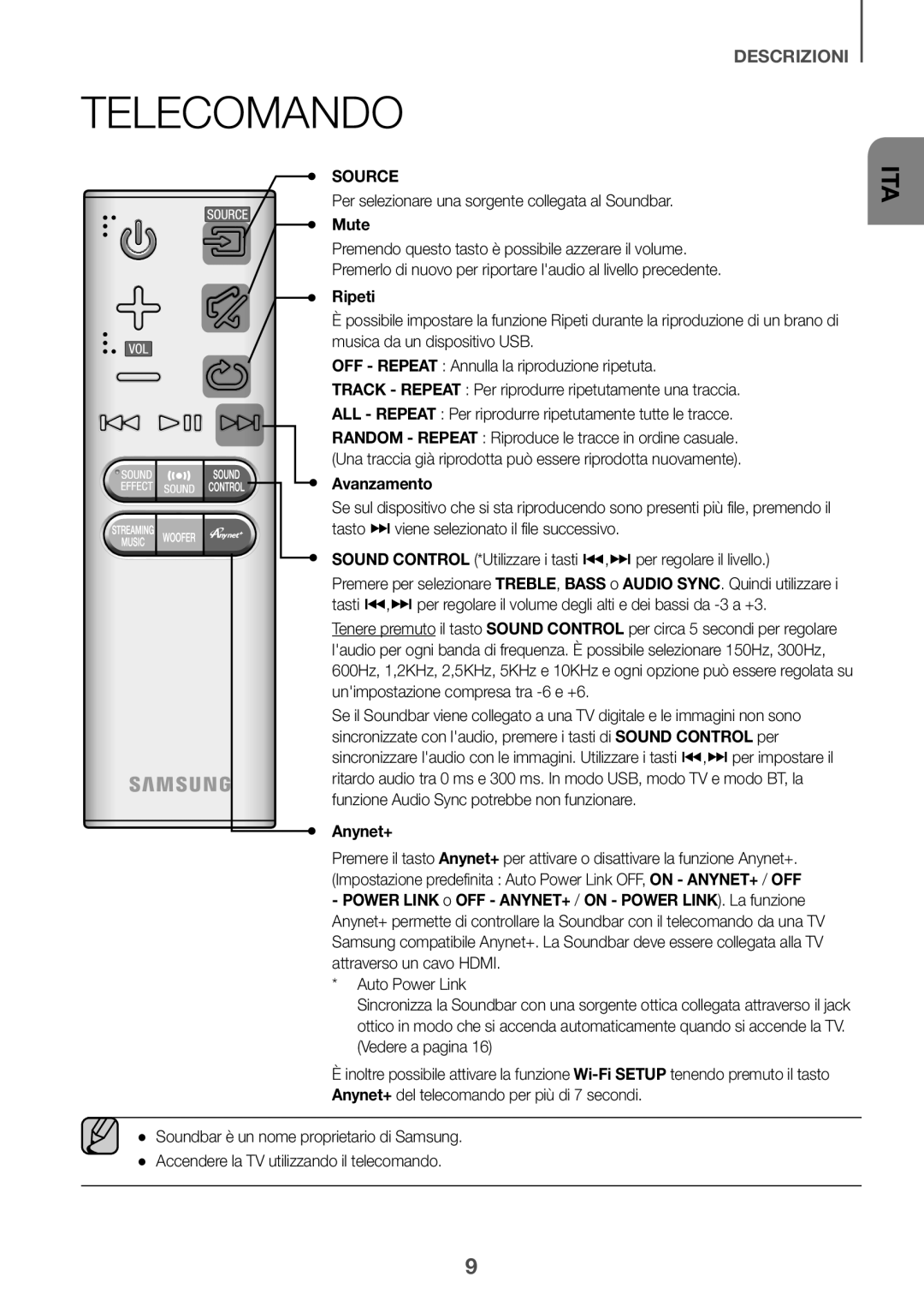 Samsung HW-J651/ZF manual Telecomando, Per selezionare una sorgente collegata al Soundbar, Mute, Ripeti, Avanzamento 