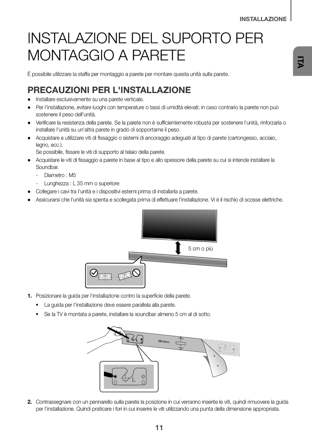 Samsung HW-J651/ZF manual Instalazione DEL Suporto PER Montaggio a Parete, Precauzioni PER Linstallazione 