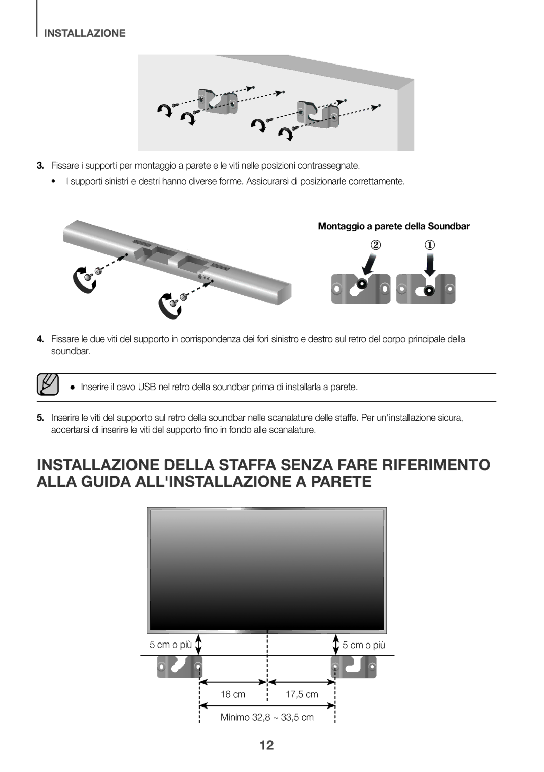 Samsung HW-J651/ZF manual Montaggio a parete della Soundbar, Cm o più 16 cm 17,5 cm Minimo 32,8 ~ 33,5 cm 