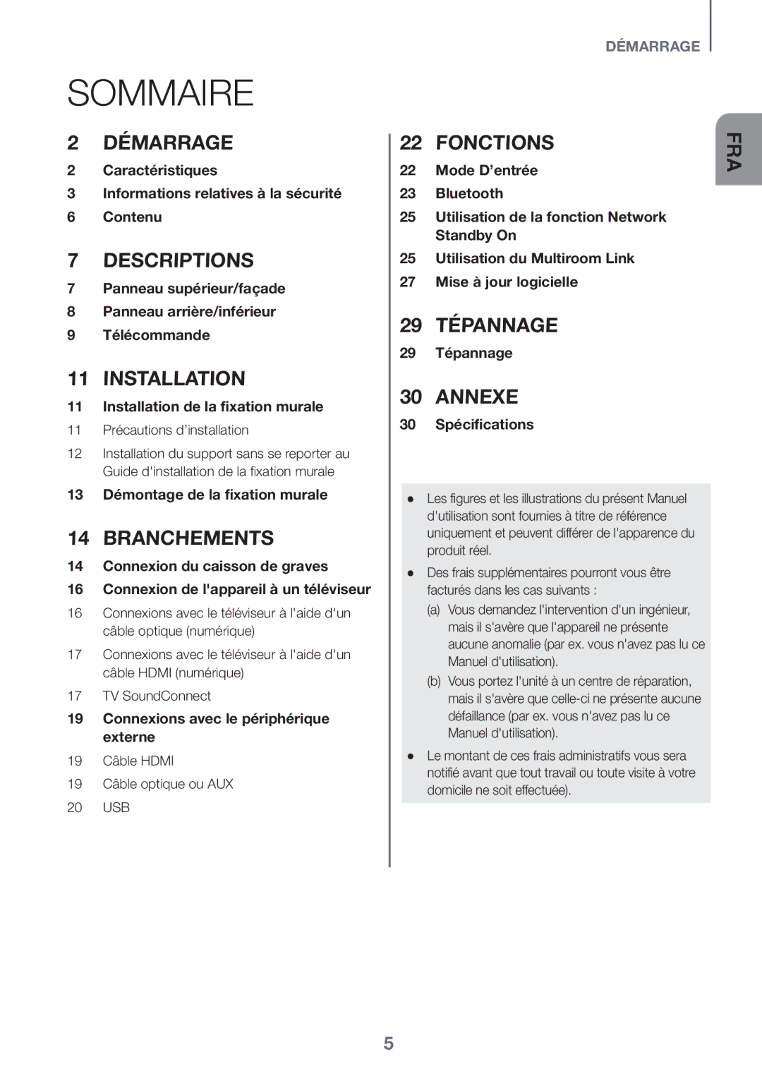 Samsung HW-J651/ZF manual Sommaire, 11 Précautions d’installation, 19 Câble Hdmi 19 Câble optique ou AUX 20 USB 