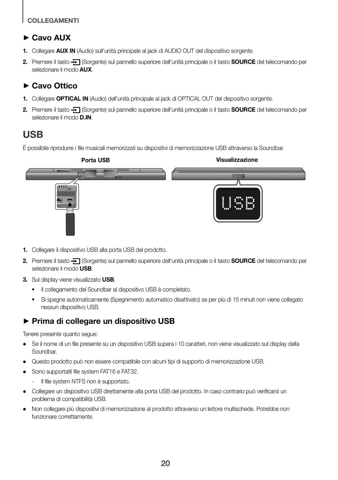 Samsung HW-J651/ZF manual ++Cavo AUX, ++Cavo Ottico, ++Prima di collegare un dispositivo USB, Porta USB 