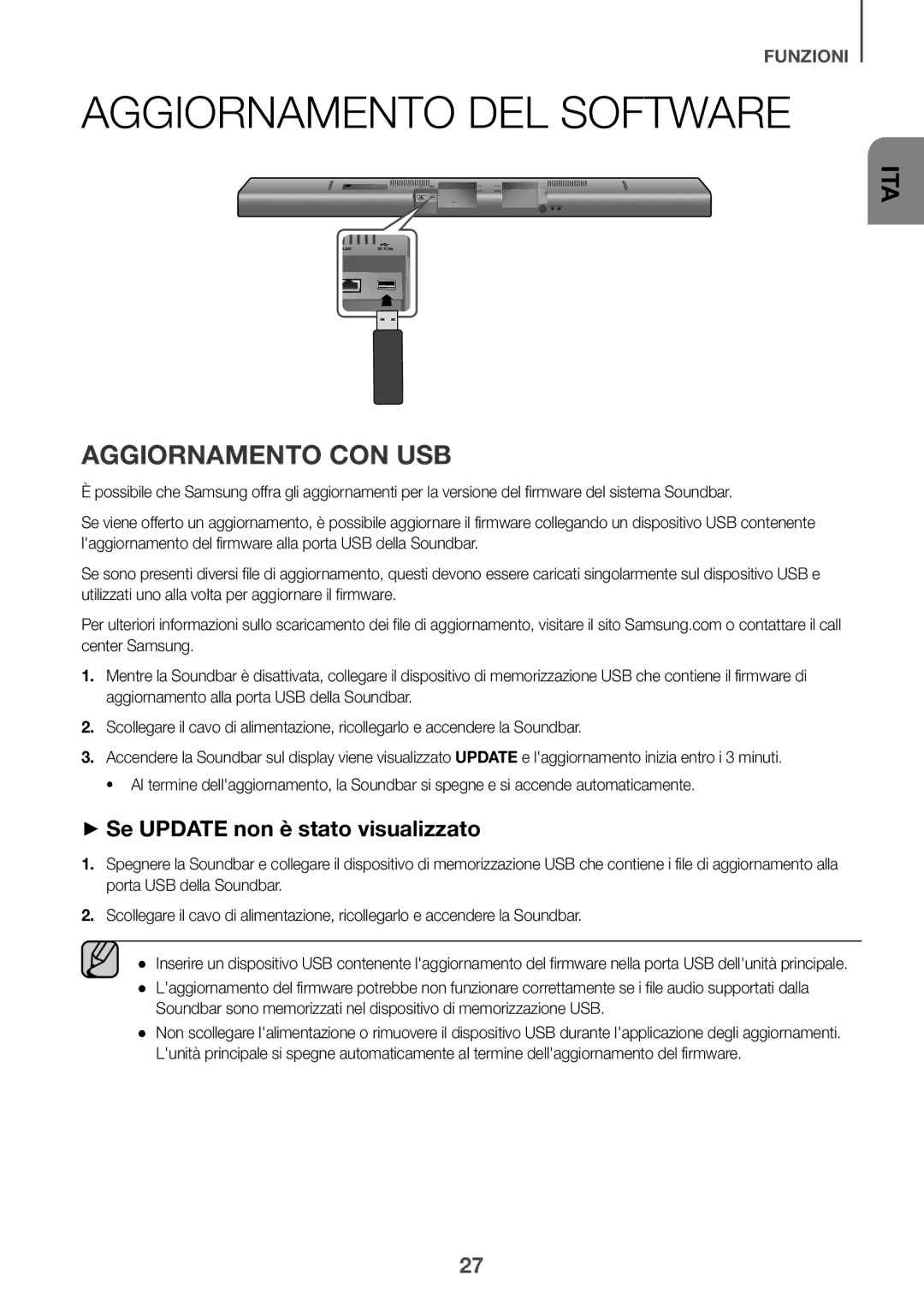 Samsung HW-J651/ZF manual Aggiornamento DEL Software, Aggiornamento CON USB, ++Se Update non è stato visualizzato 