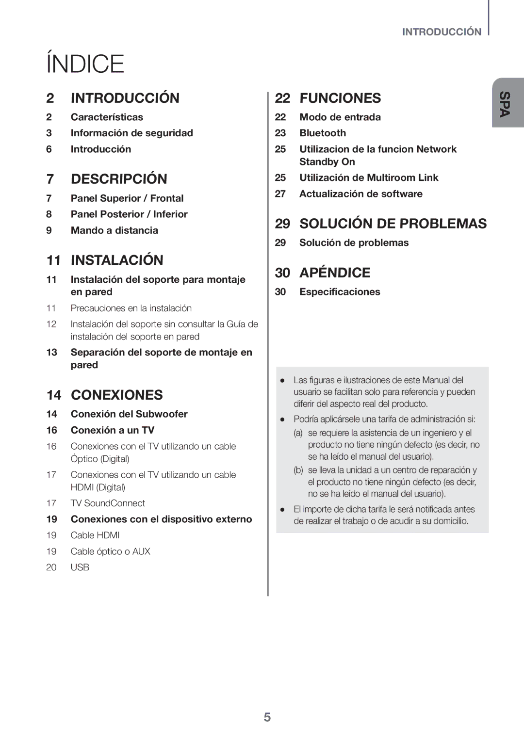 Samsung HW-J651/ZF manual Índice, Cable Hdmi Cable óptico o AUX 20 USB, Podría aplicársele una tarifa de administración si 