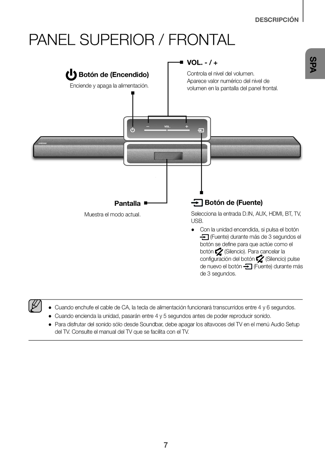 Samsung HW-J651/ZF manual Panel Superior / Frontal, Controla el nivel del volumen, Enciende y apaga la alimentación 