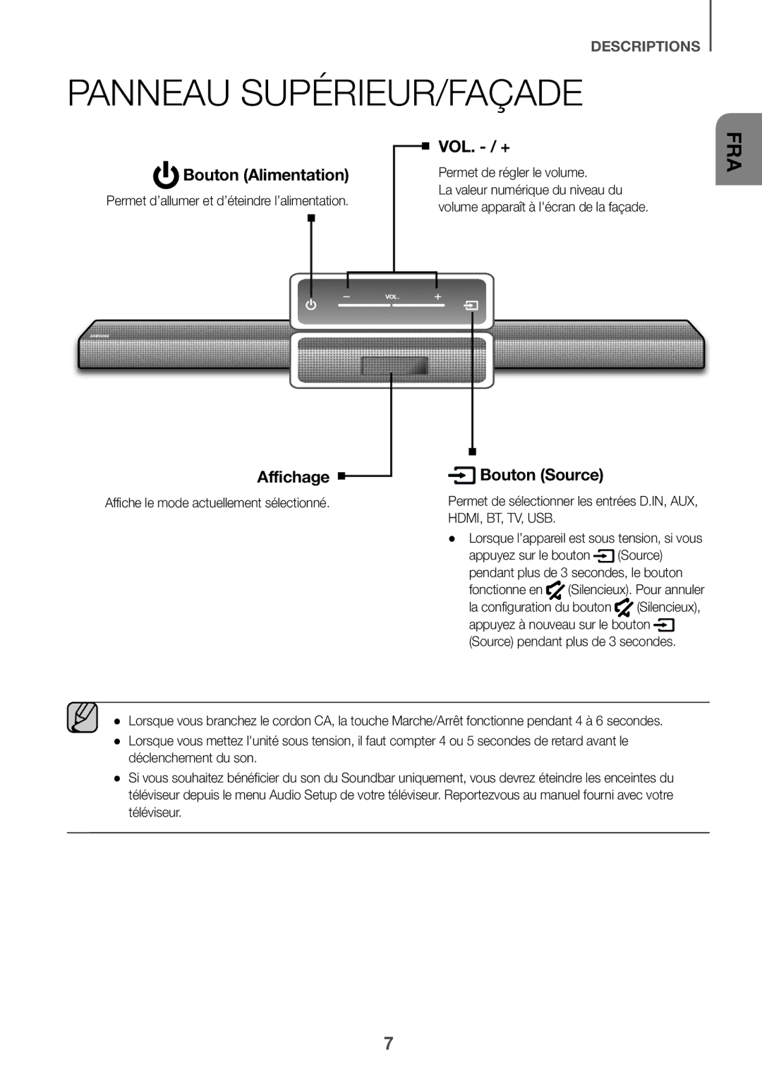 Samsung HW-J651/ZF manual Panneau SUPÉRIEUR/FAÇADE, Permet de régler le volume, Affiche le mode actuellement sélectionné 