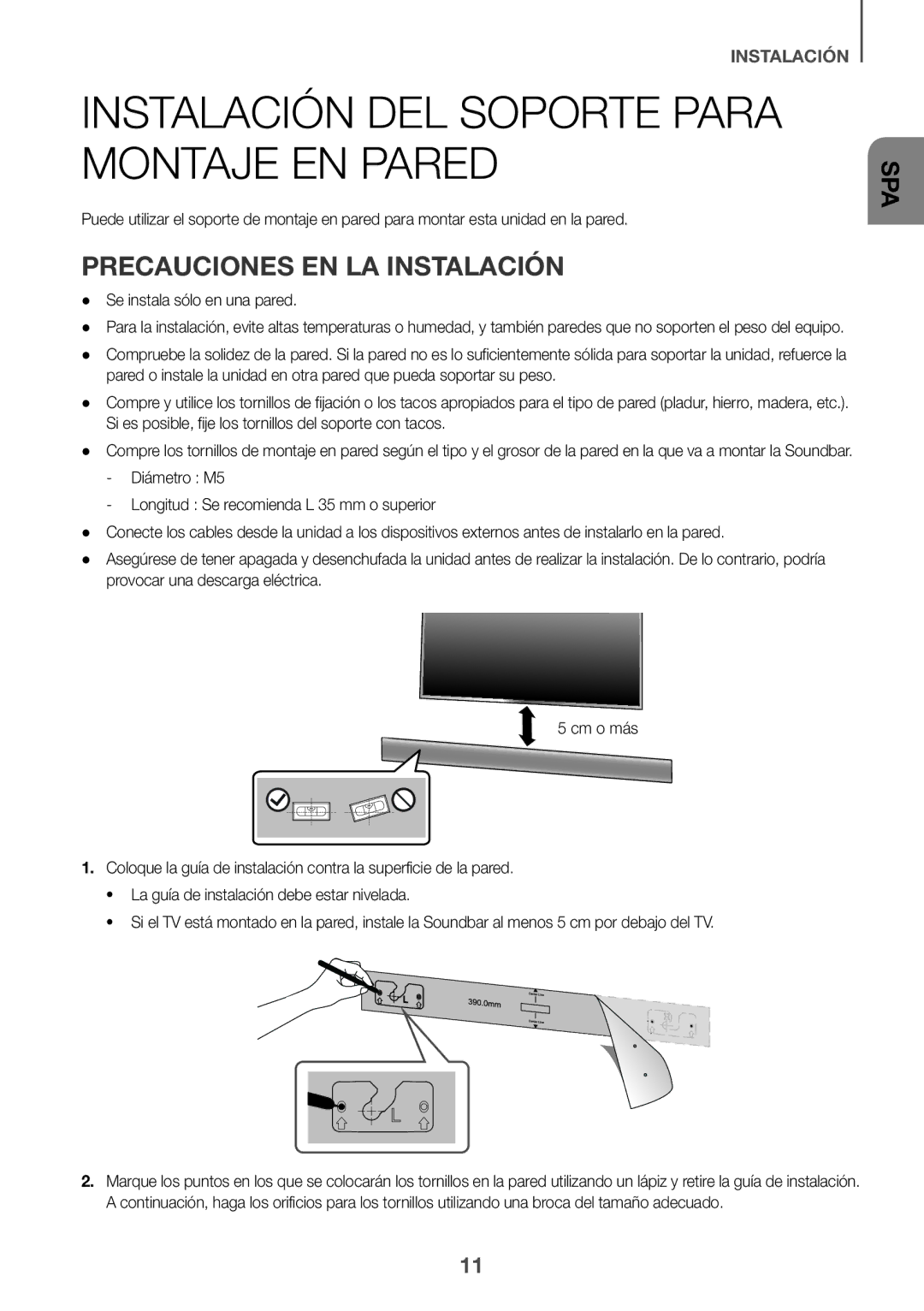 Samsung HW-J651/ZF manual Instalación DEL Soporte Para Montaje EN Pared, Precauciones EN LA Instalación 