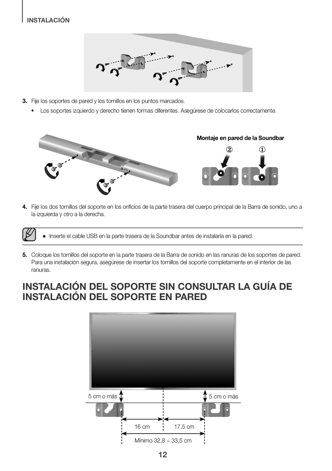 Samsung HW-J651/ZF manual Montaje en pared de la Soundbar, Cm o más 16 cm 17,5 cm Mínimo 32,8 ~ 33,5 cm 