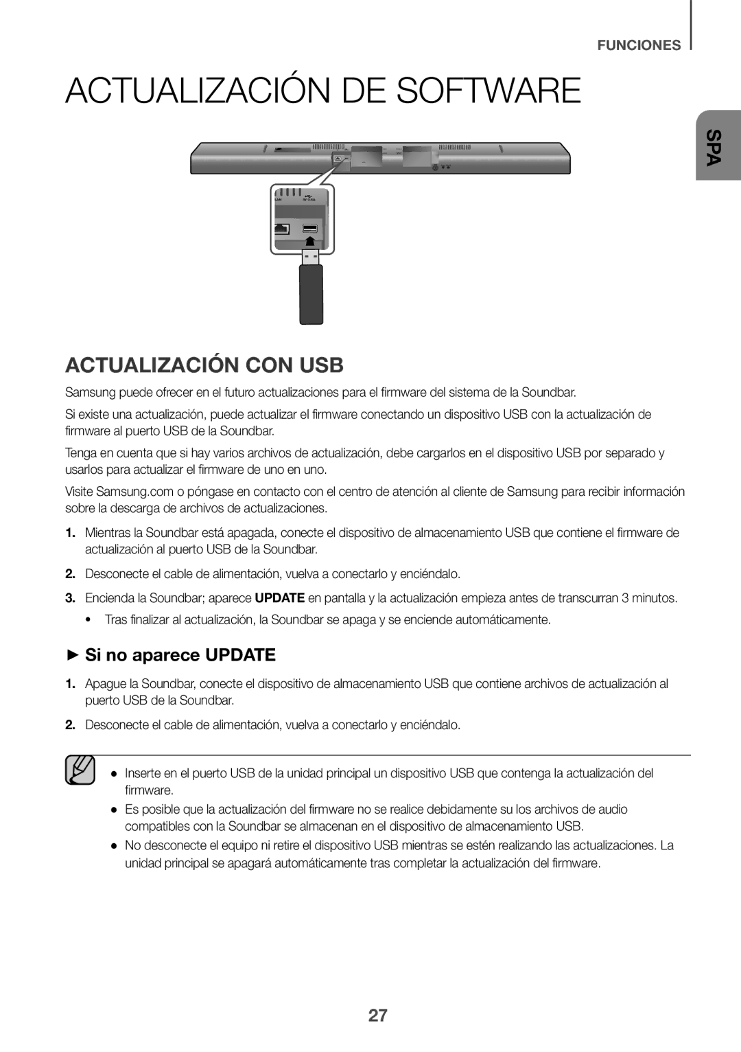 Samsung HW-J651/ZF manual Actualización DE Software, Actualización CON USB, ++Si no aparece Update 