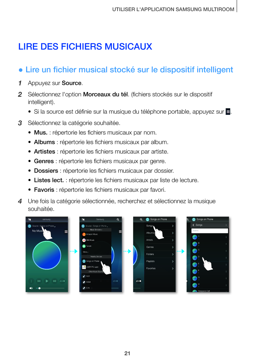 Samsung HW-J651/ZF manual Lire DES Fichiers Musicaux, Lire un fichier musical stocké sur le dispositif intelligent 