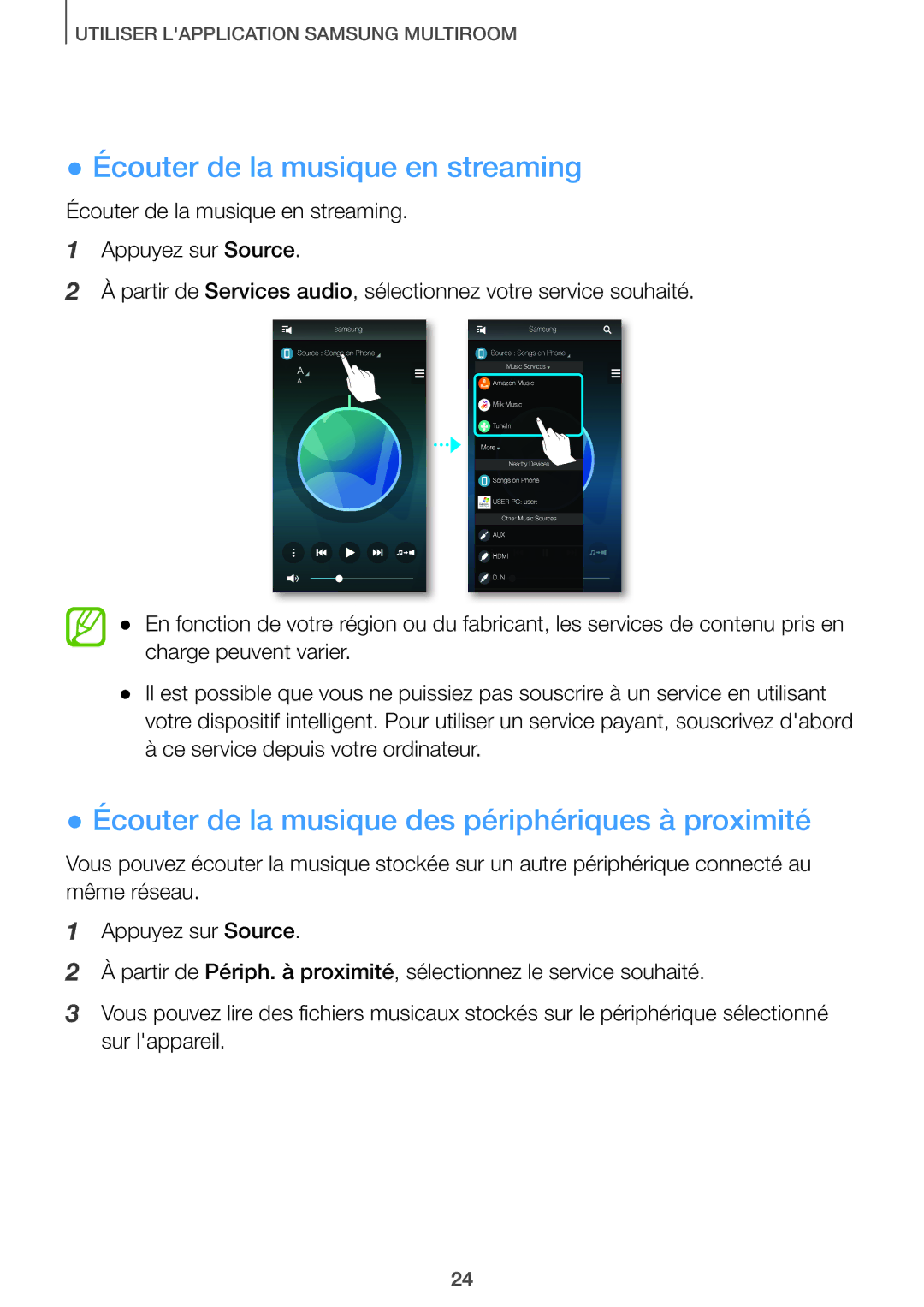 Samsung HW-J651/ZF manual Écouter de la musique en streaming, Écouter de la musique des périphériques à proximité 