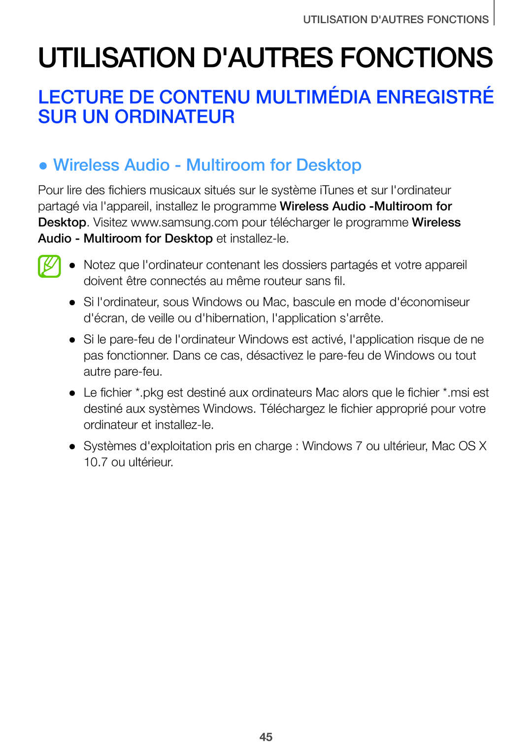 Samsung HW-J651/ZF manual Lecture DE Contenu Multimédia Enregistré SUR UN Ordinateur, Wireless Audio Multiroom for Desktop 