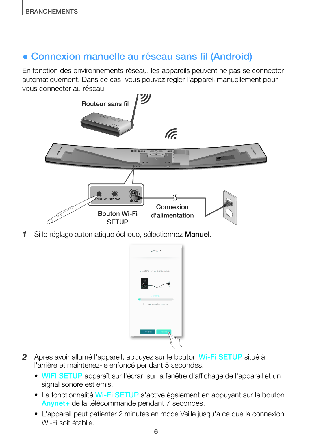 Samsung HW-J651/ZF manual Connexion manuelle au réseau sans fil Android 