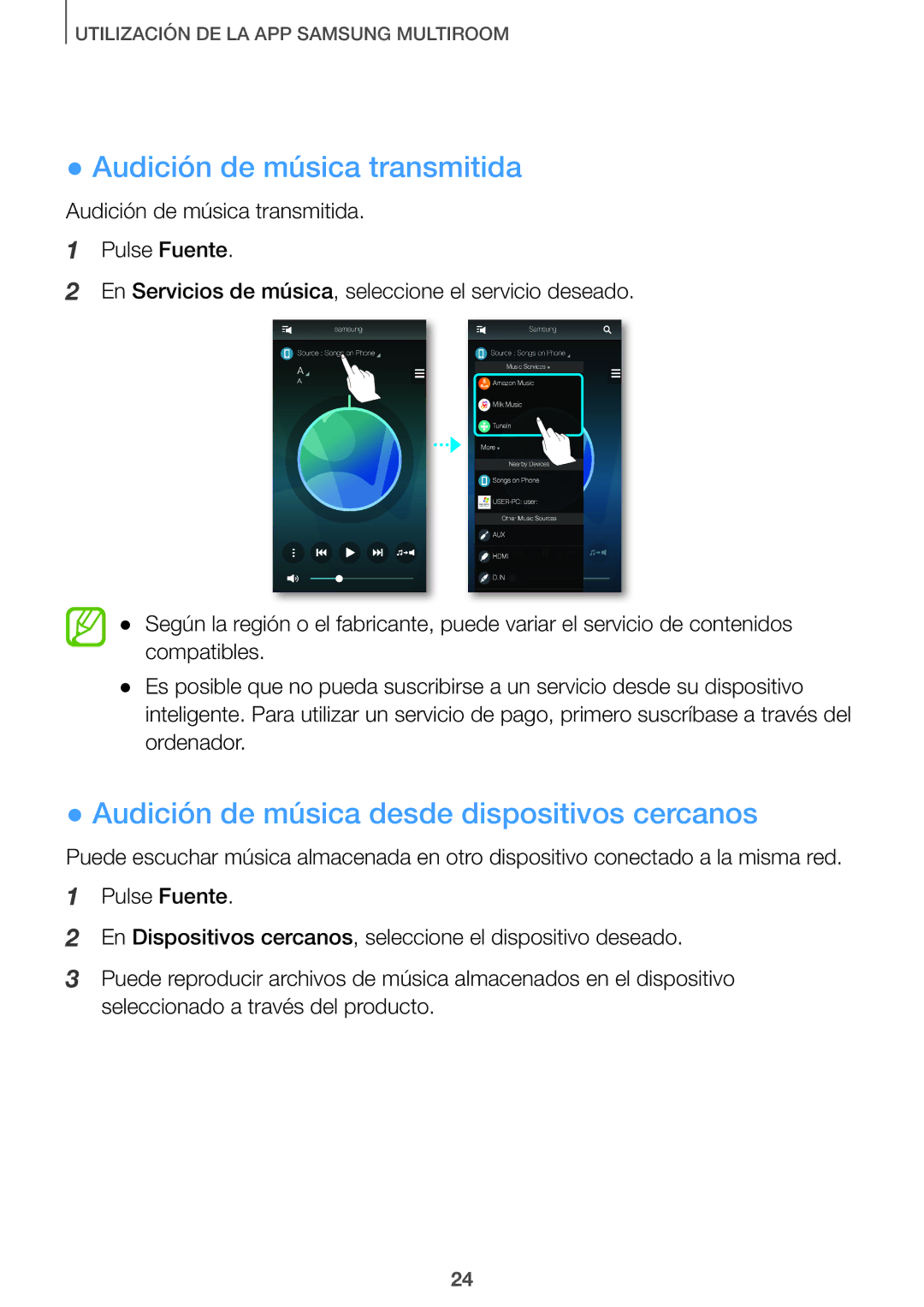 Samsung HW-J651/ZF manual Audición de música transmitida, Audición de música desde dispositivos cercanos 