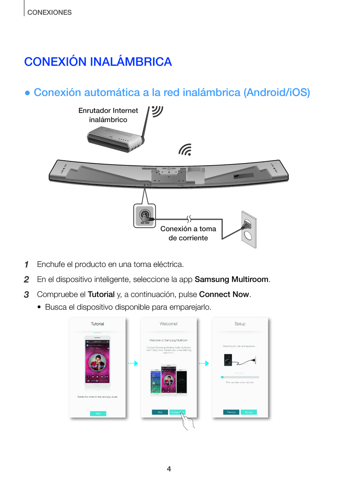 Samsung HW-J651/ZF manual Conexión Inalámbrica, Conexión automática a la red inalámbrica Android/iOS 