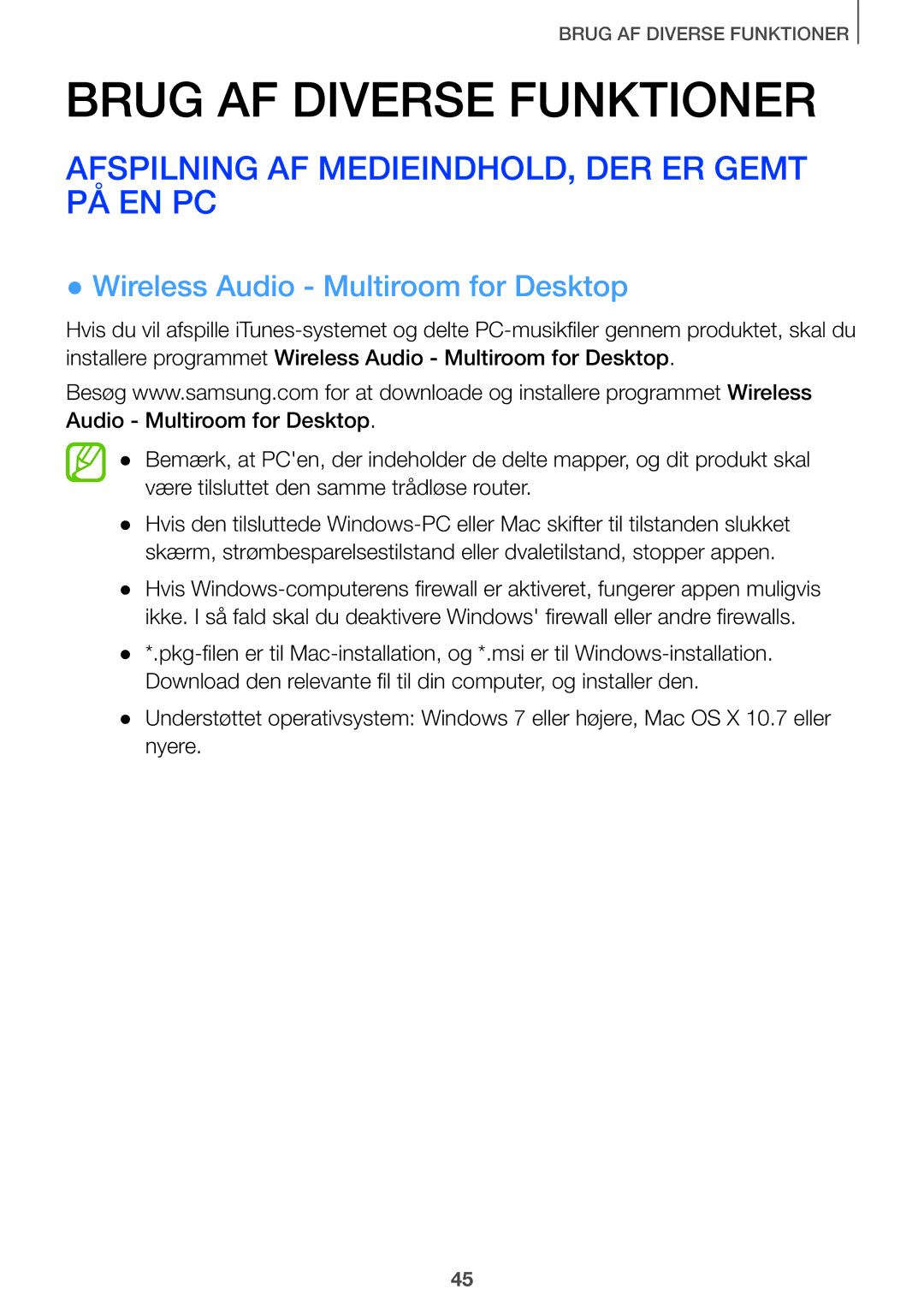 Samsung HW-J660/XE, HW-J661/XE manual Afspilning AF MEDIEINDHOLD, DER ER Gemt PÅ EN PC, Wireless Audio Multiroom for Desktop 
