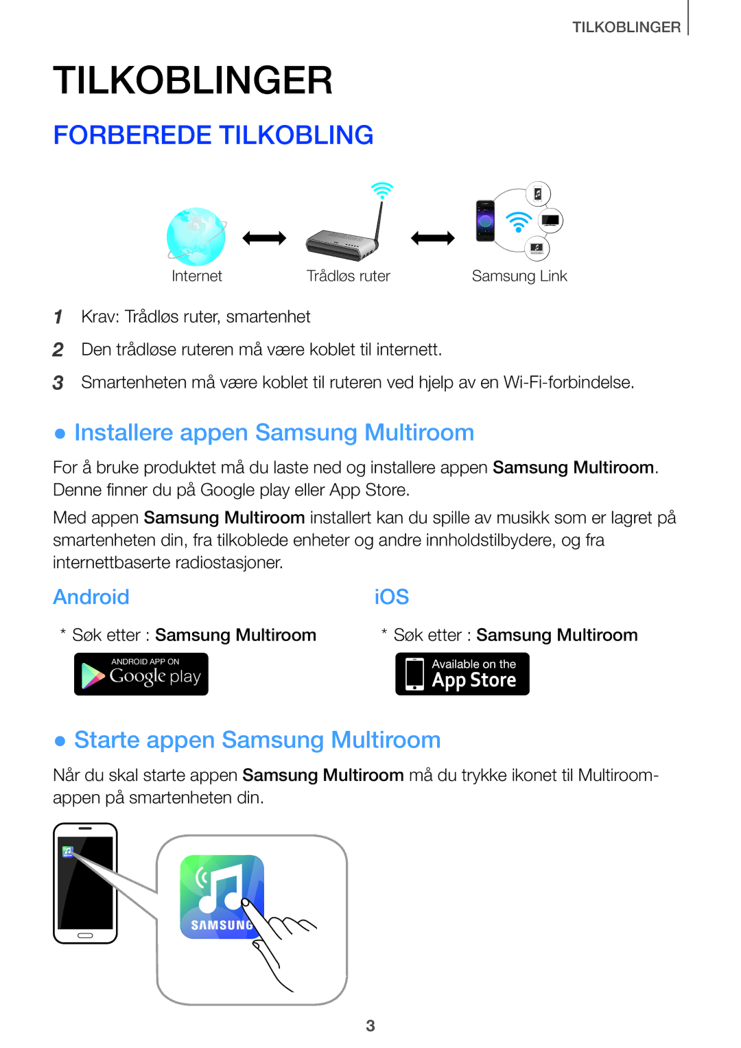 Samsung HW-J660/XE, HW-J661/XE Forberede Tilkobling, Installere appen Samsung Multiroom, Starte appen Samsung Multiroom 