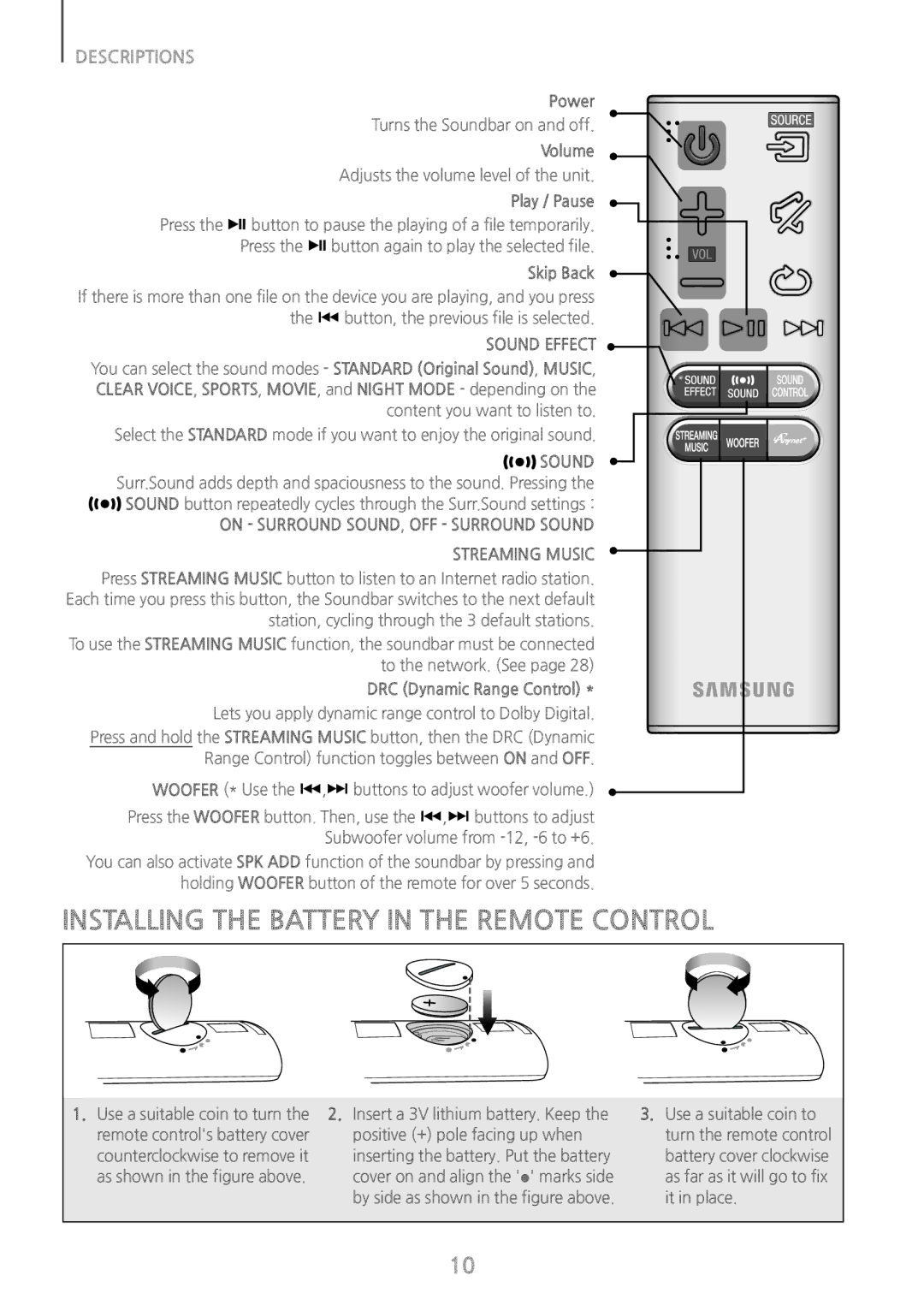 Samsung HW-J7500/ZF, HW-J7500/EN, HW-J7501/EN, HW-J7501/ZF manual Installing the Battery in the Remote Control, Sound Effect 