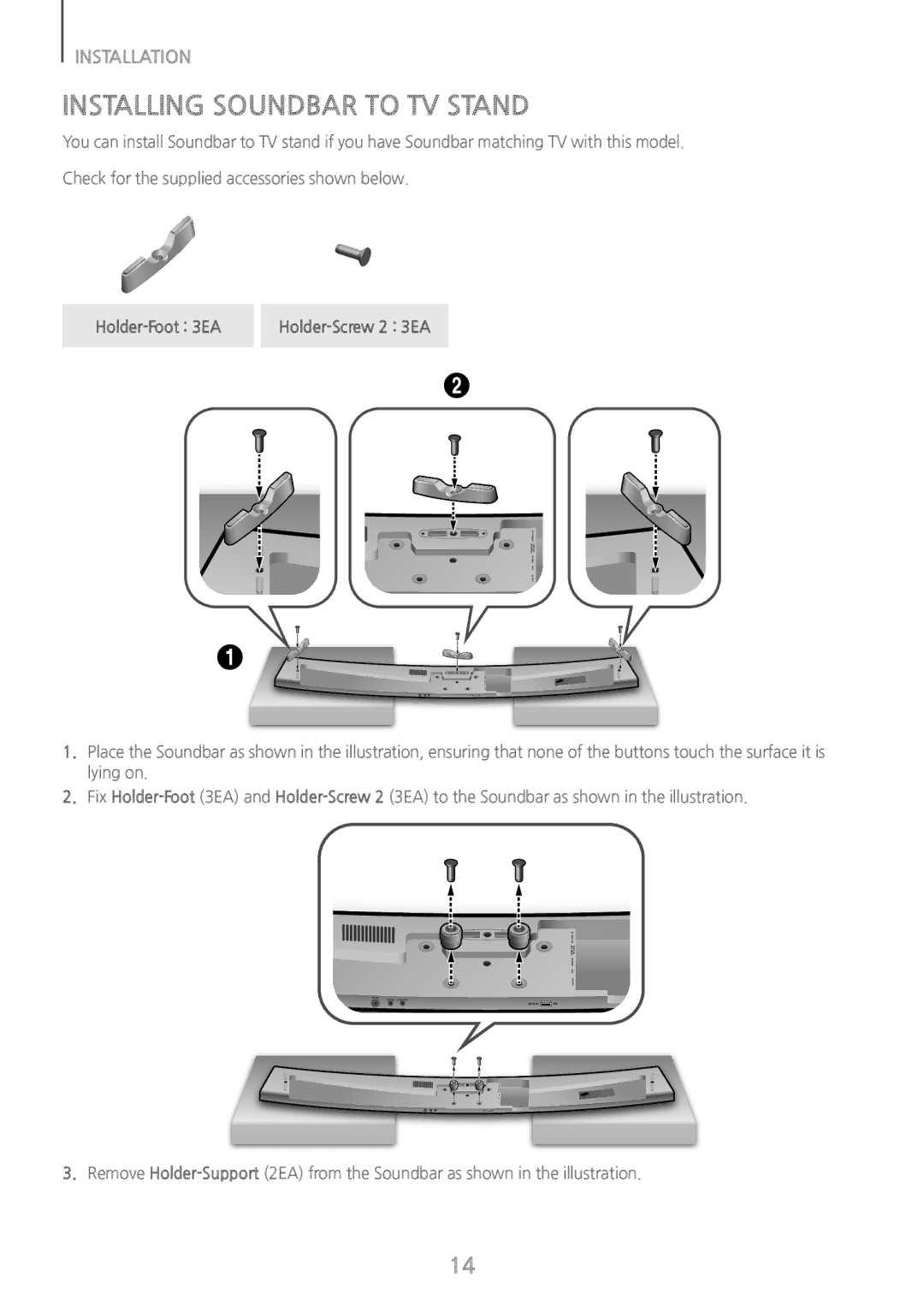 Samsung HW-J7500/EN, HW-J7501/EN, HW-J7501/ZF manual Installing Soundbar to TV Stand, Holder-Foot 3EA Holder-Screw 2 3EA 