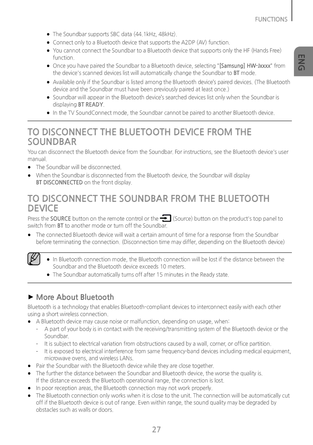 Samsung HW-J7511/XE, HW-J7500/EN, HW-J7501/EN To Disconnect the Bluetooth Device from the Soundbar, ++More About Bluetooth 