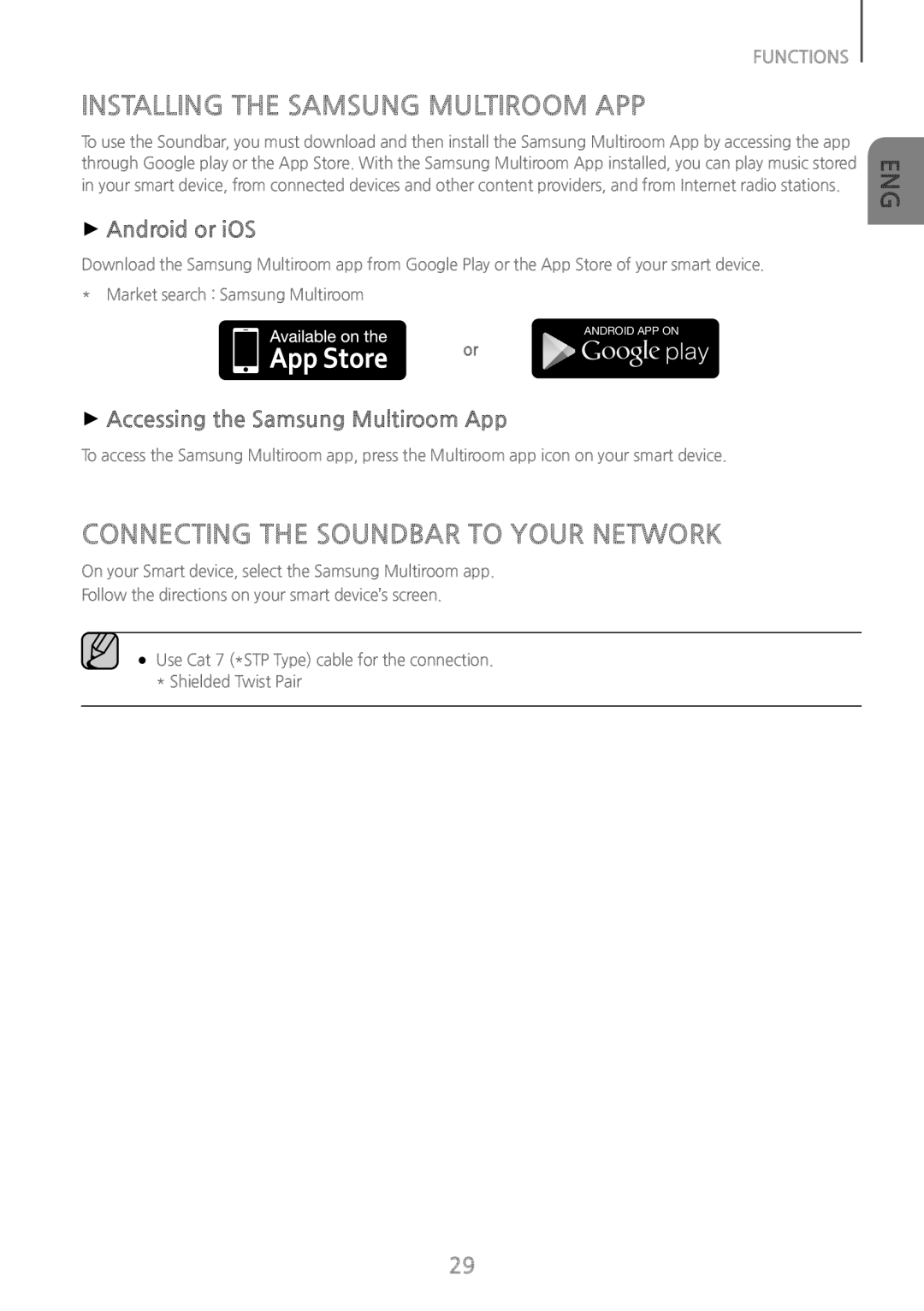 Samsung HW-J7501/EN manual Installing the Samsung Multiroom APP, Connecting the Soundbar to Your Network, ++Android or iOS 