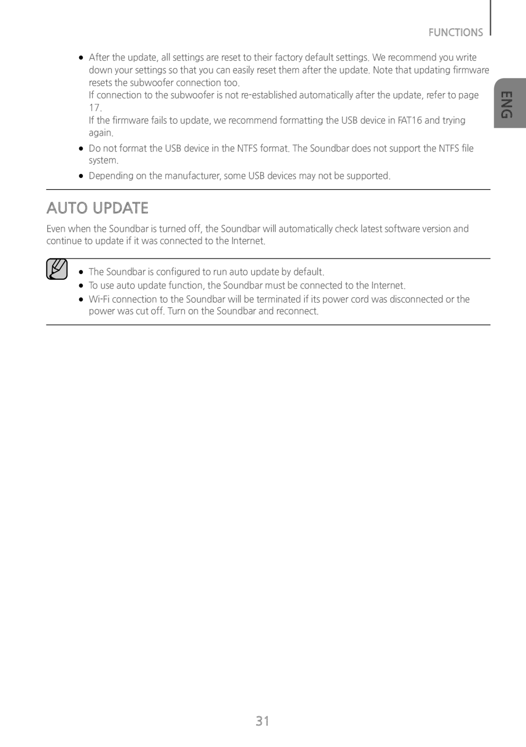 Samsung HW-J7500/ZF, HW-J7500/EN, HW-J7501/EN, HW-J7501/ZF, HW-J7500/XN, HW-J7510/XE, HW-J7511/XE manual Auto Update 