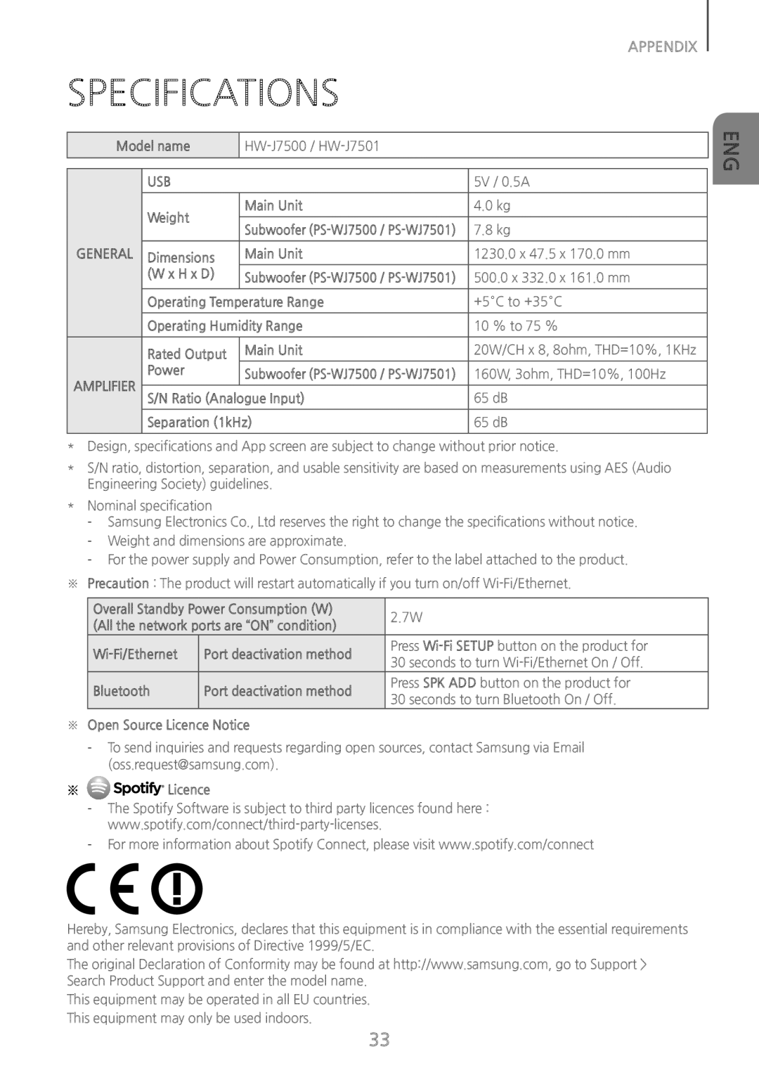 Samsung HW-J7510/XE, HW-J7500/EN, HW-J7501/EN, HW-J7501/ZF, HW-J7500/ZF, HW-J7500/XN, HW-J7511/XE manual Specifications, Usb 