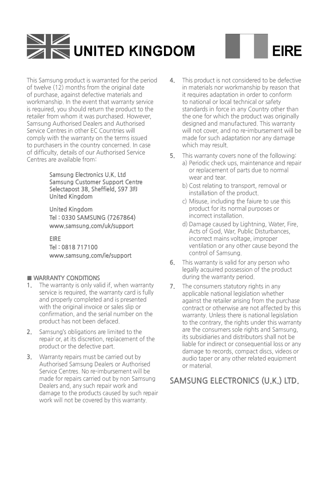 Samsung HW-J7511/XE, HW-J7500/EN, HW-J7501/EN, HW-J7501/ZF, HW-J7500/ZF, HW-J7500/XN manual Eire, Tel 0818, Warranty Conditions 