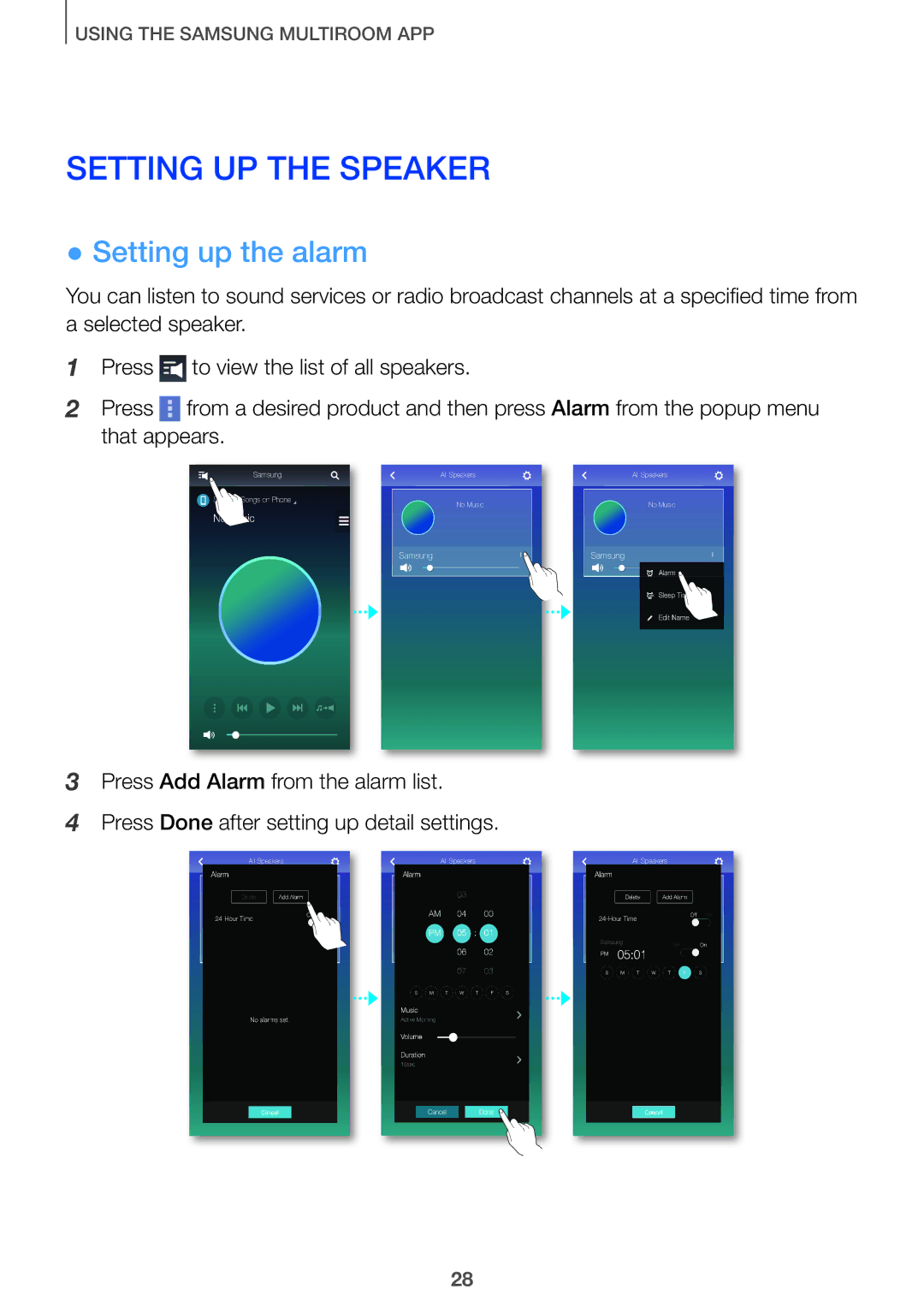 Samsung HW-J8510/XE, HW-J7500/EN, HW-J8501/EN, HW-J6502/EN, HW-J6500/EN manual Setting UP the Speaker, Setting up the alarm 