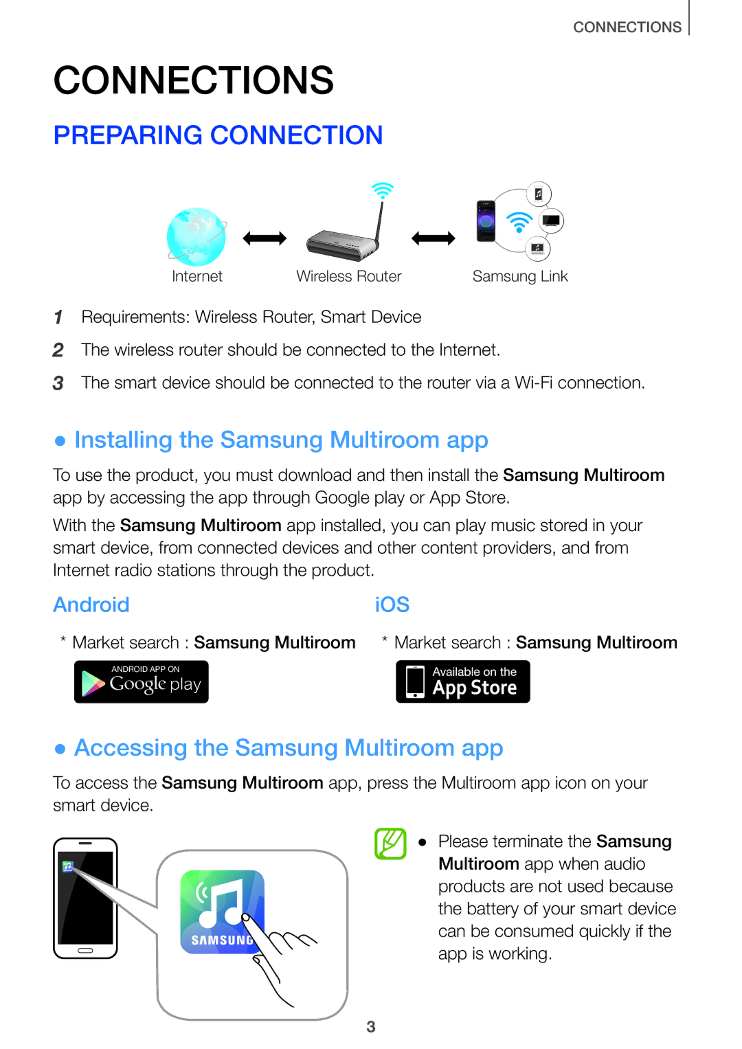 Samsung HW-J6500/EN manual Preparing Connection, Installing the Samsung Multiroom app, Accessing the Samsung Multiroom app 