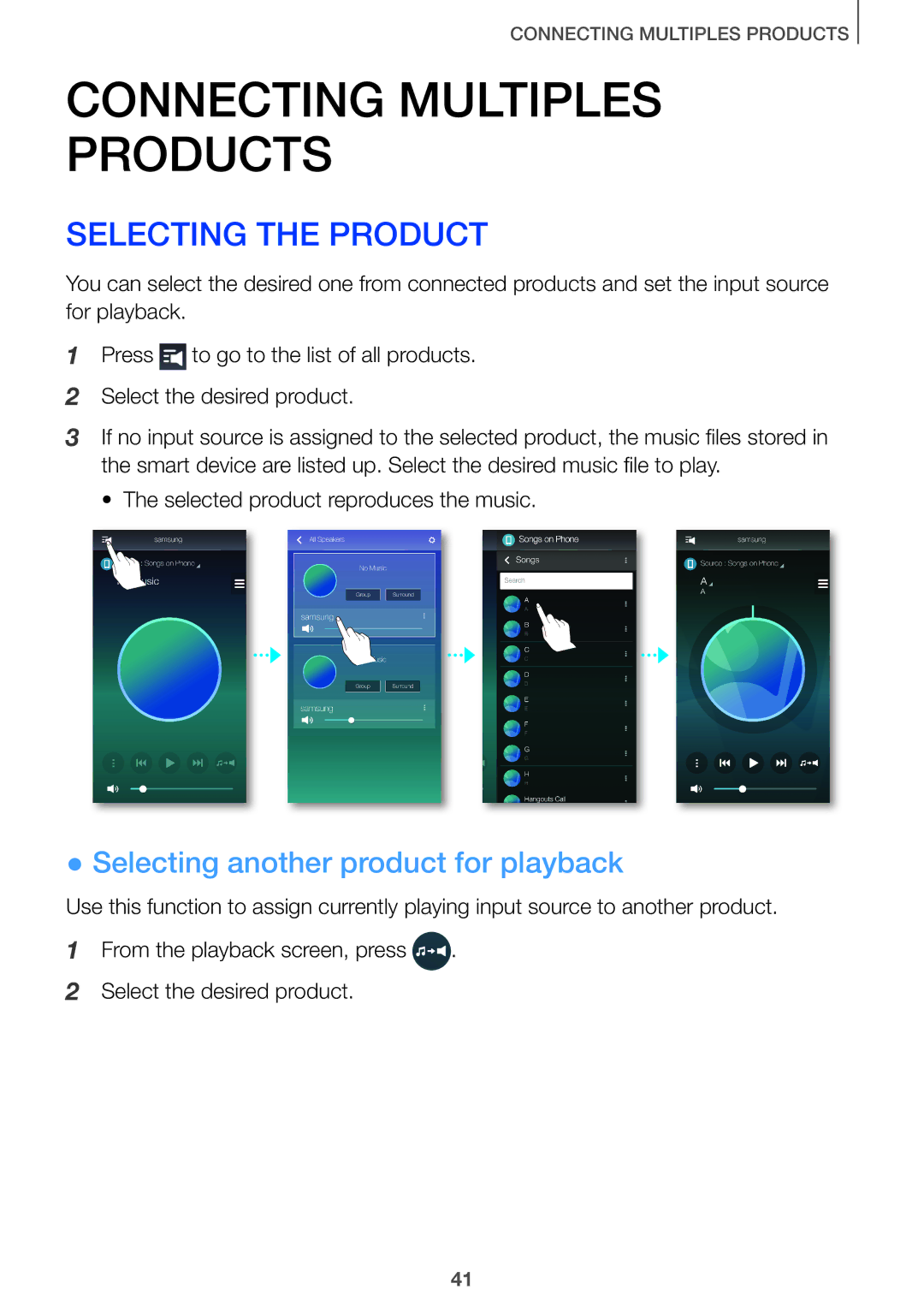 Samsung HW-J6500/ZF, HW-J7500/EN, HW-J8501/EN, HW-J6502/EN Selecting the Product, Selecting another product for playback 