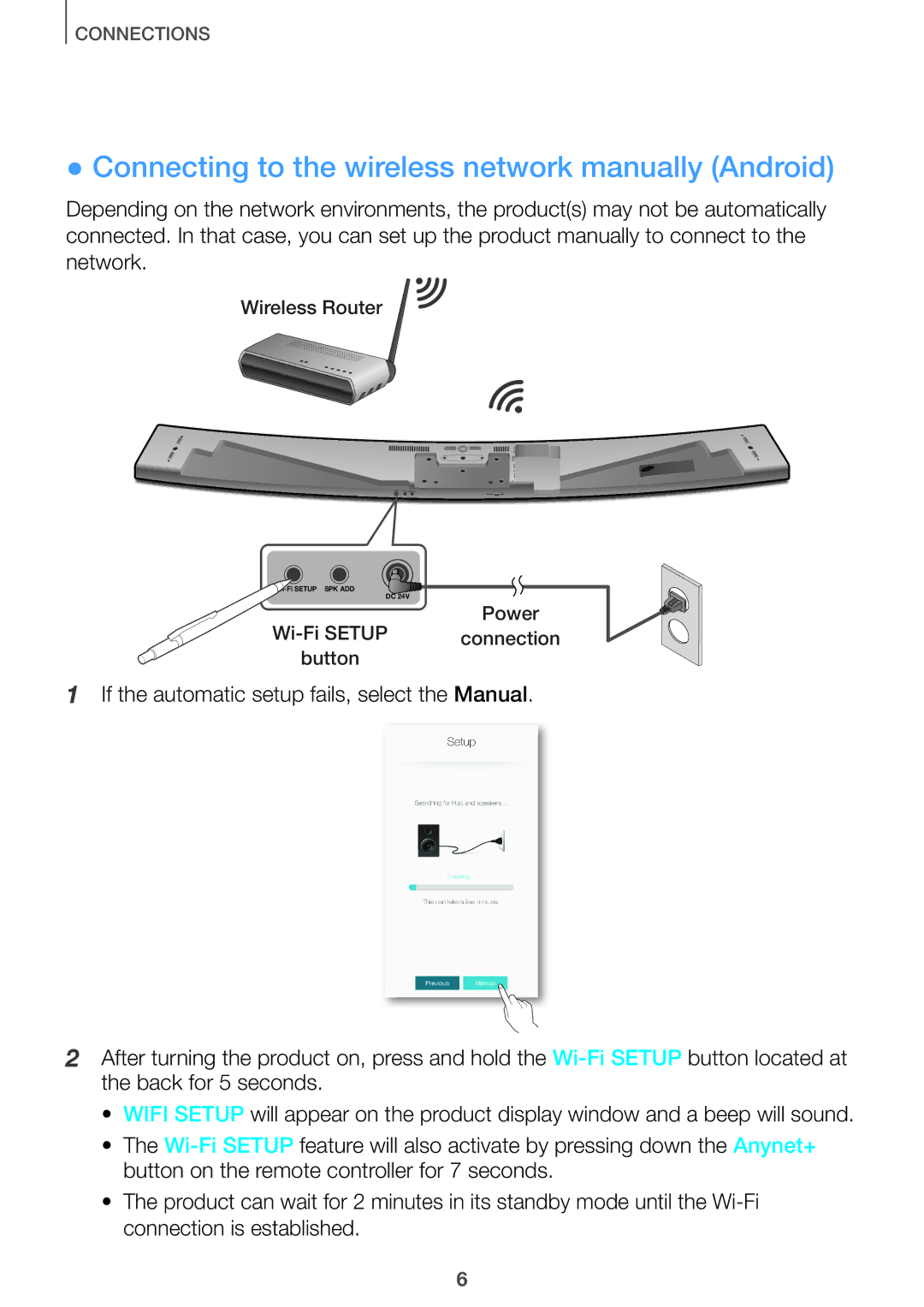 Samsung HW-J6501/EN, HW-J7500/EN, HW-J8501/EN, HW-J6502/EN, HW-J6500/EN Connecting to the wireless network manually Android 