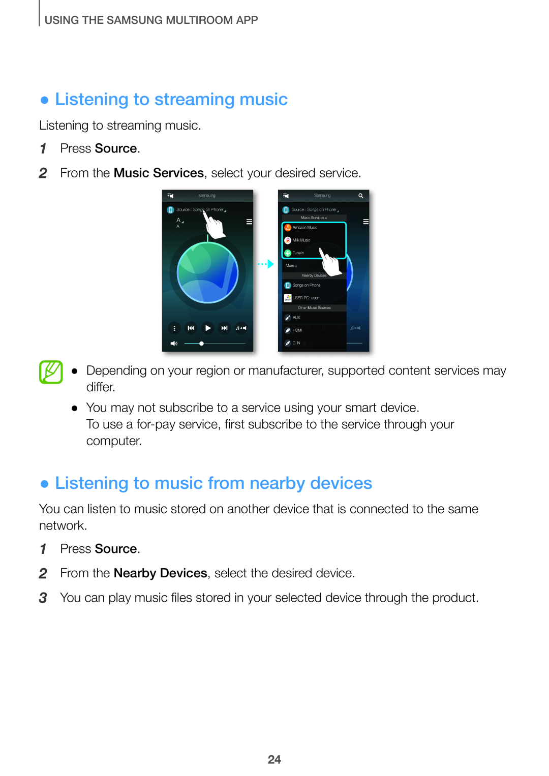Samsung HW-J8511/XE, HW-J7500/EN, HW-J8501/EN manual Listening to streaming music, Listening to music from nearby devices 