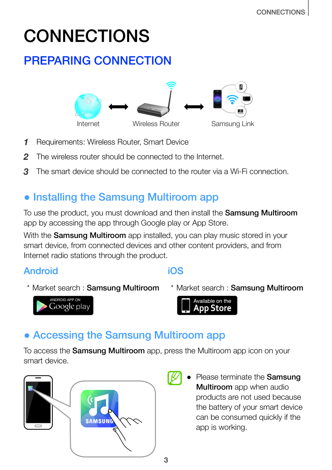Samsung HW-J6500/EN, HW-J7500/EN manual Connections, Preparing Connection, Installing the Samsung Multiroom app, AndroidiOS 