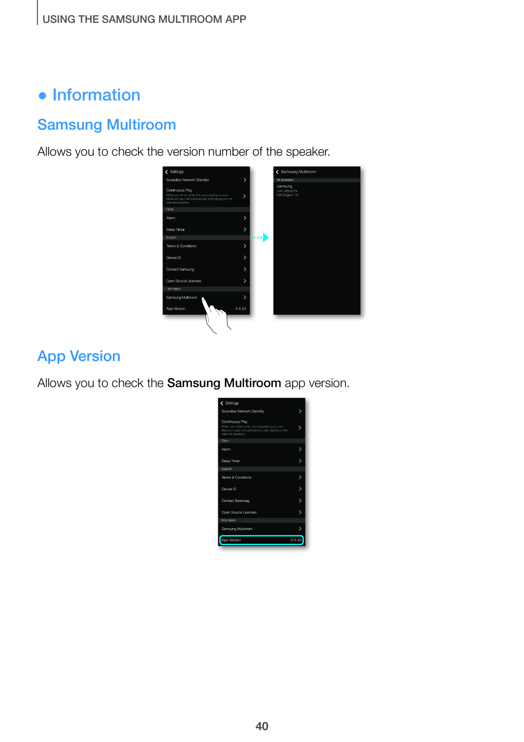 Samsung HW-J8501/ZF, HW-J7500/EN, HW-J8501/EN, HW-J6502/EN Information, App Version, Using The Samsung Multiroom App 