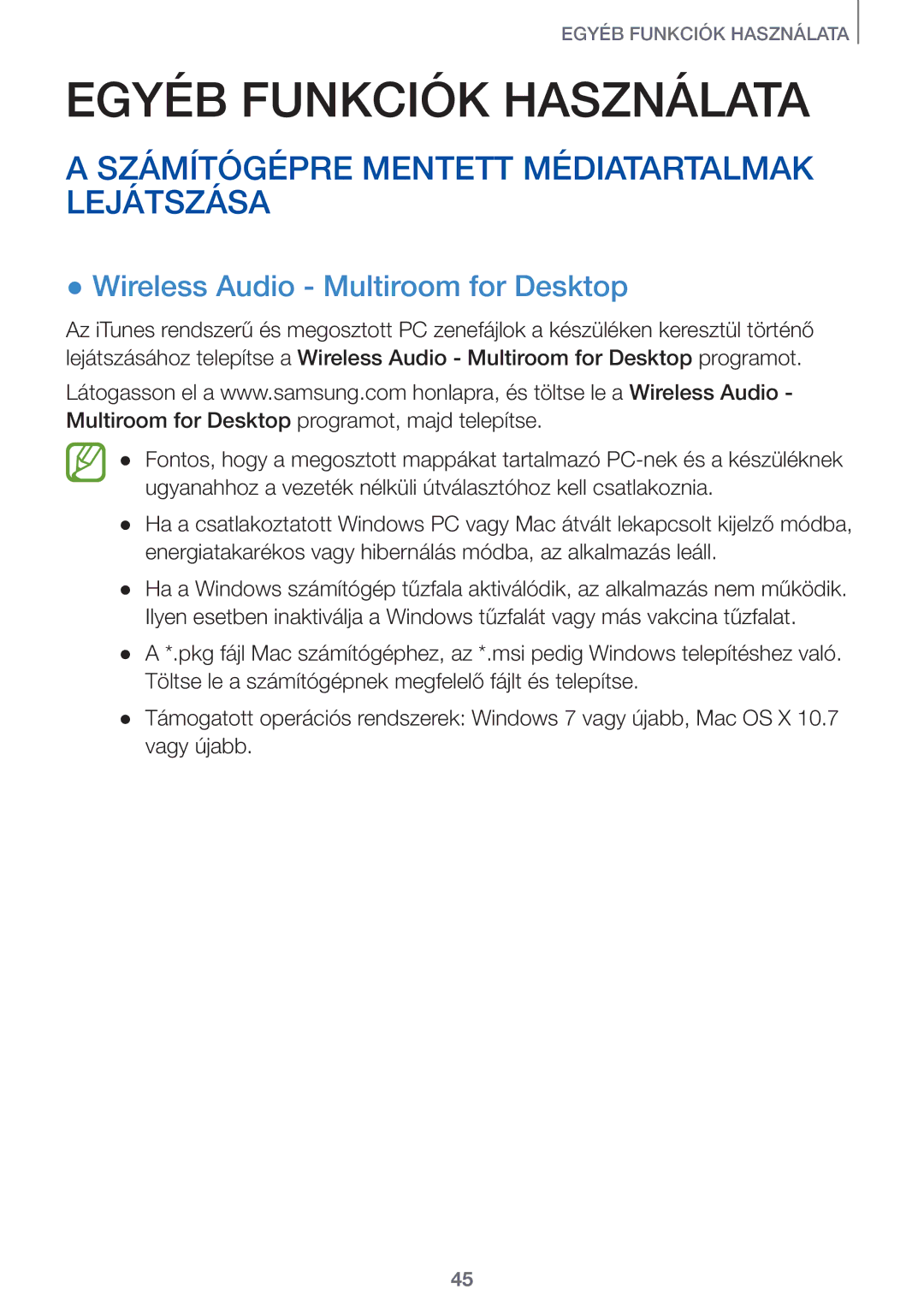 Samsung HW-J7500/EN, HW-J8501/EN manual Számítógépre Mentett Médiatartalmak Lejátszása, Wireless Audio Multiroom for Desktop 