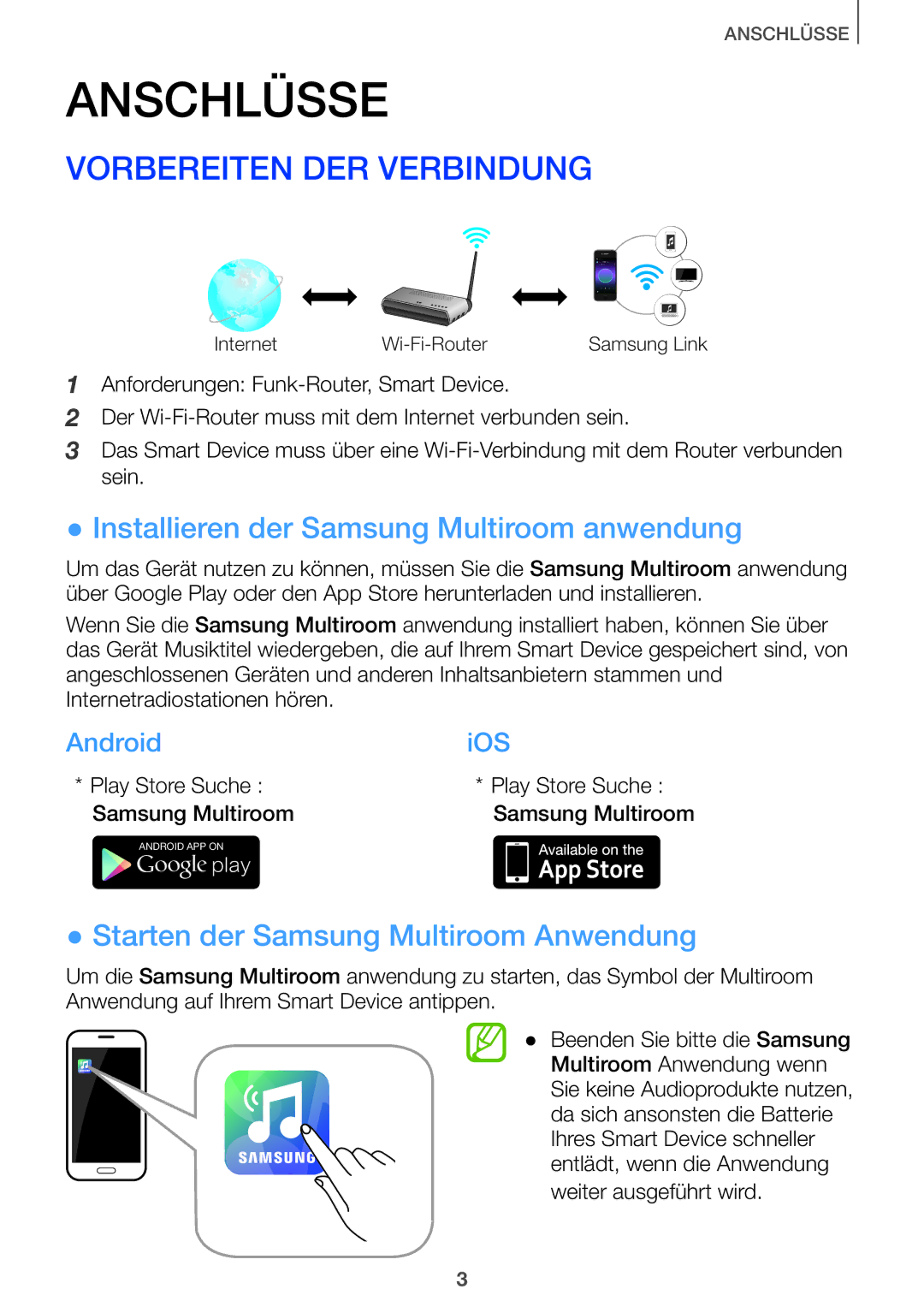 Samsung HW-J8500/EN, HW-J7500/EN manual Vorbereiten DER Verbindung, Installieren der Samsung Multiroom anwendung, AndroidiOS 