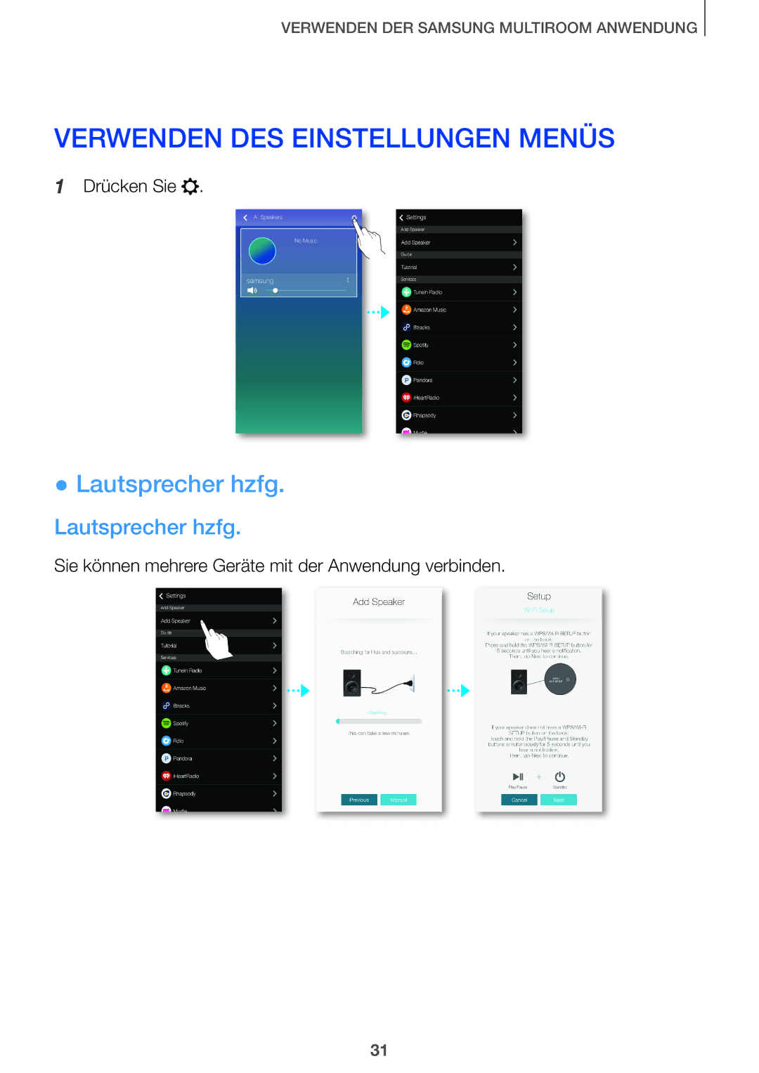 Samsung HW-J8500/EN, HW-J7500/EN, HW-J8501/EN, HW-J7501/EN manual Verwenden DES Einstellungen Menüs, Lautsprecher hzfg 