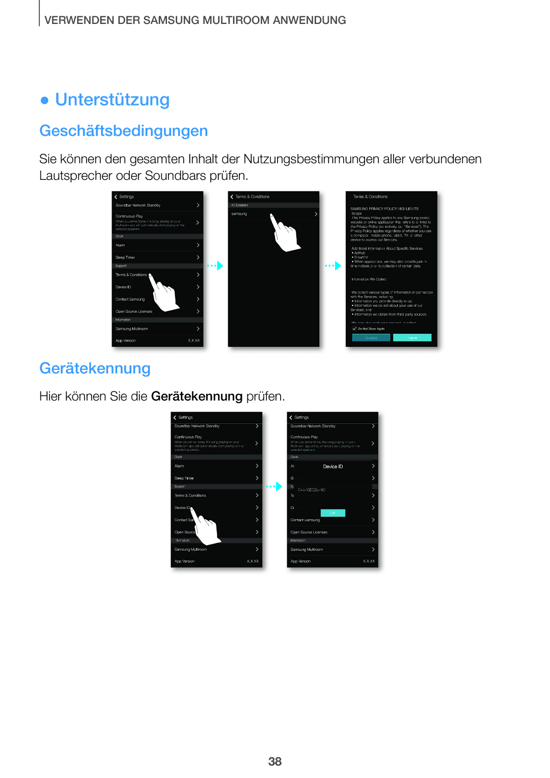 Samsung HW-J7501/EN, HW-J7500/EN, HW-J8501/EN, HW-J8500/EN manual Unterstützung, Geschäftsbedingungen, Gerätekennung 