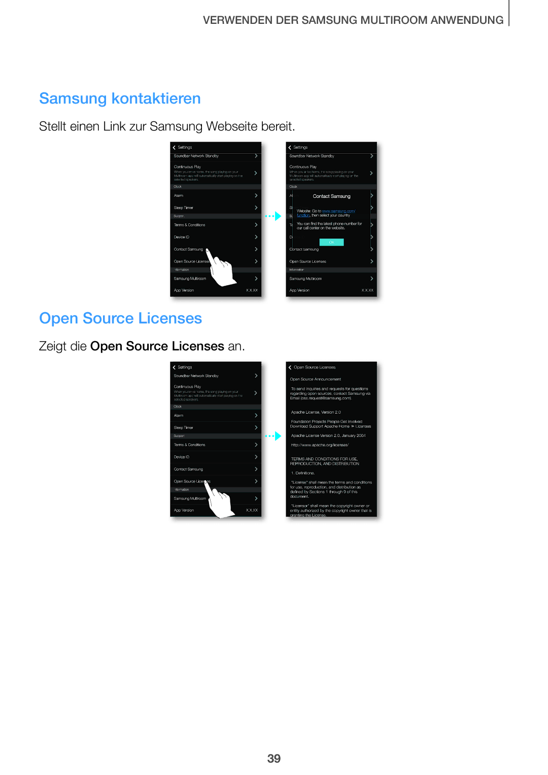 Samsung HW-J8500/EN, HW-J7500/EN, HW-J8501/EN, HW-J7501/EN manual Samsung kontaktieren, Open Source Licenses 