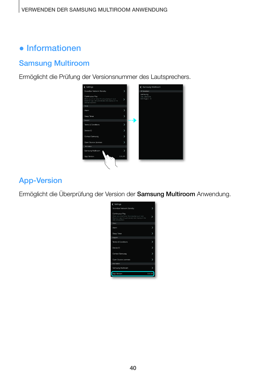 Samsung HW-J7500/EN, HW-J8501/EN, HW-J7501/EN, HW-J8500/EN manual Informationen, Samsung Multiroom, App-Version 